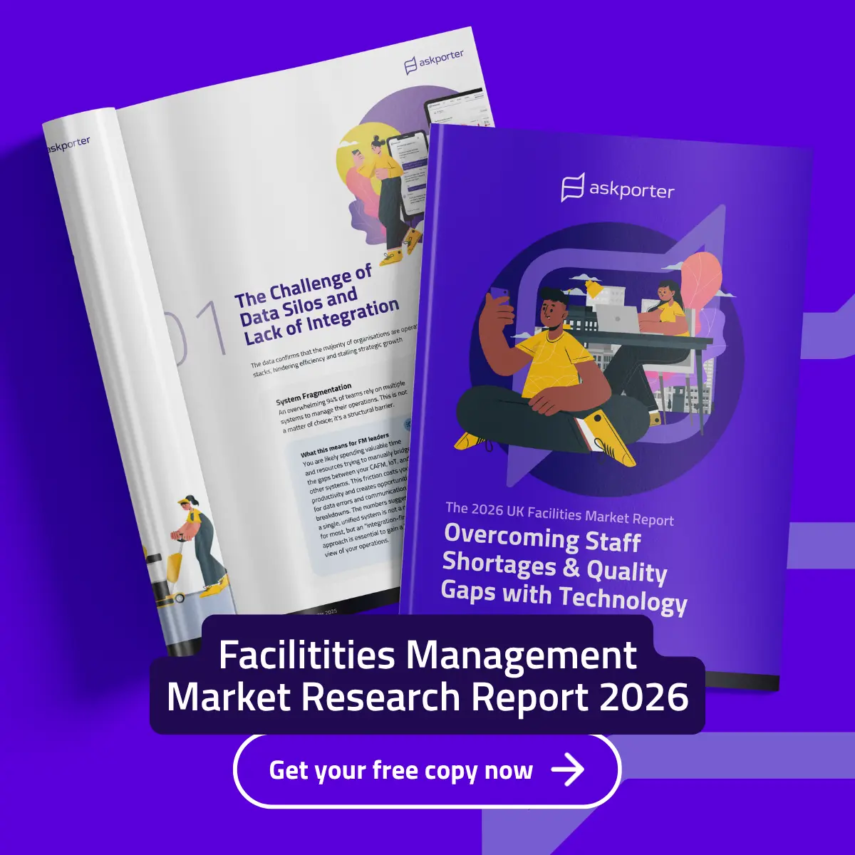 Cover of askporter's 2026 UK Facilities Market Research Report titled "Overcoming Staff Shortages & Quality Gaps with Technology" with illustrated characters and a call-to-action button to get a free copy