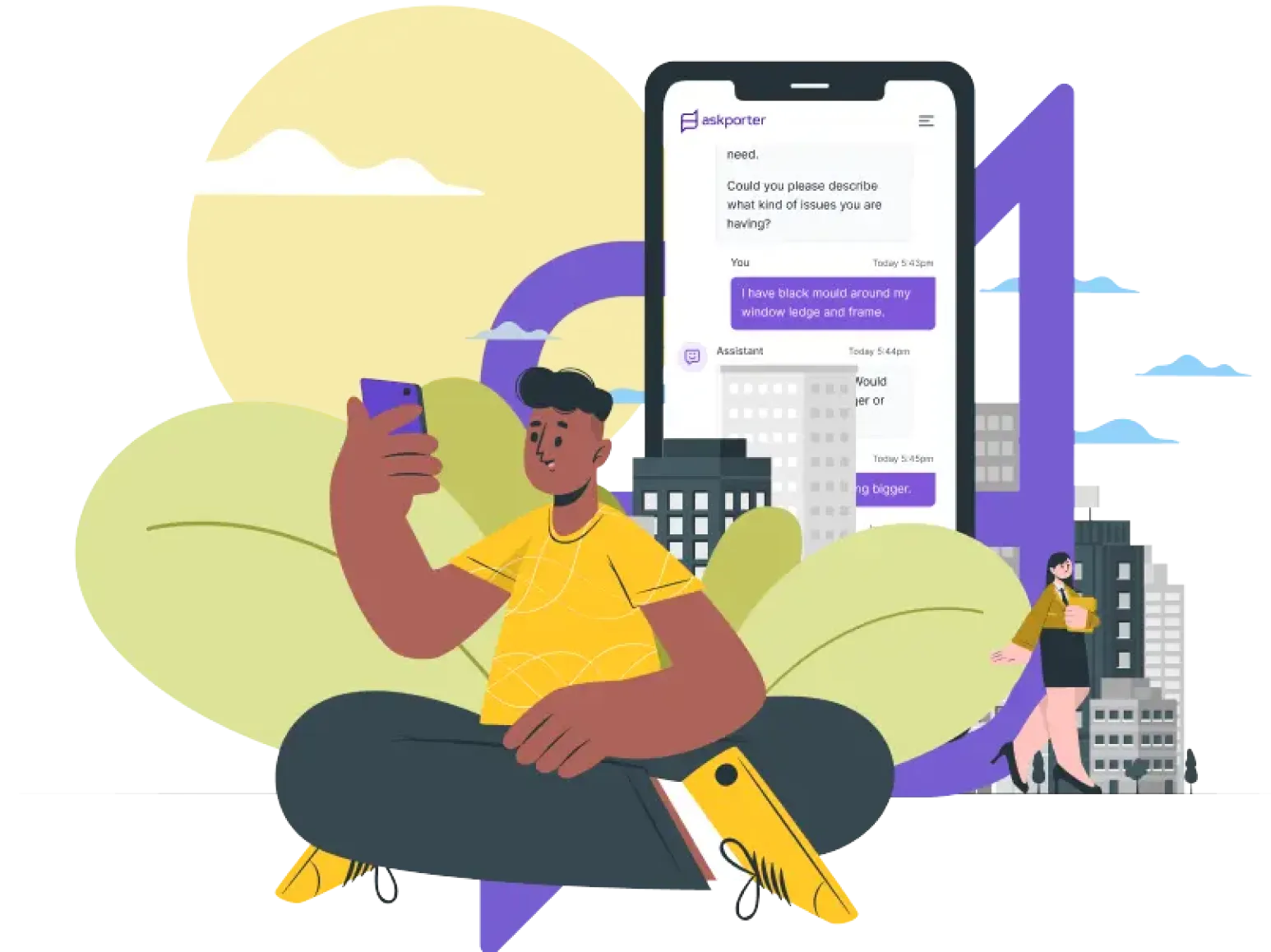 Person using a phone with a large mobile chat interface and city buildings in the background