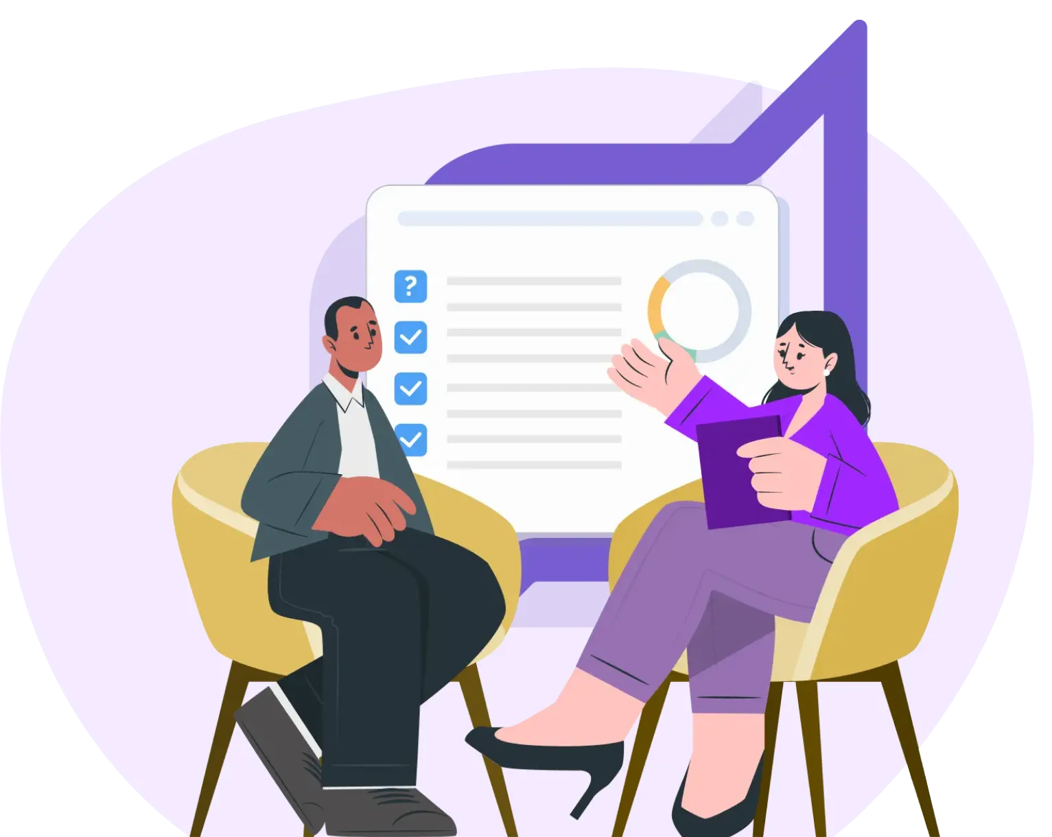 Illustration of two people in discussion whilst sitting.