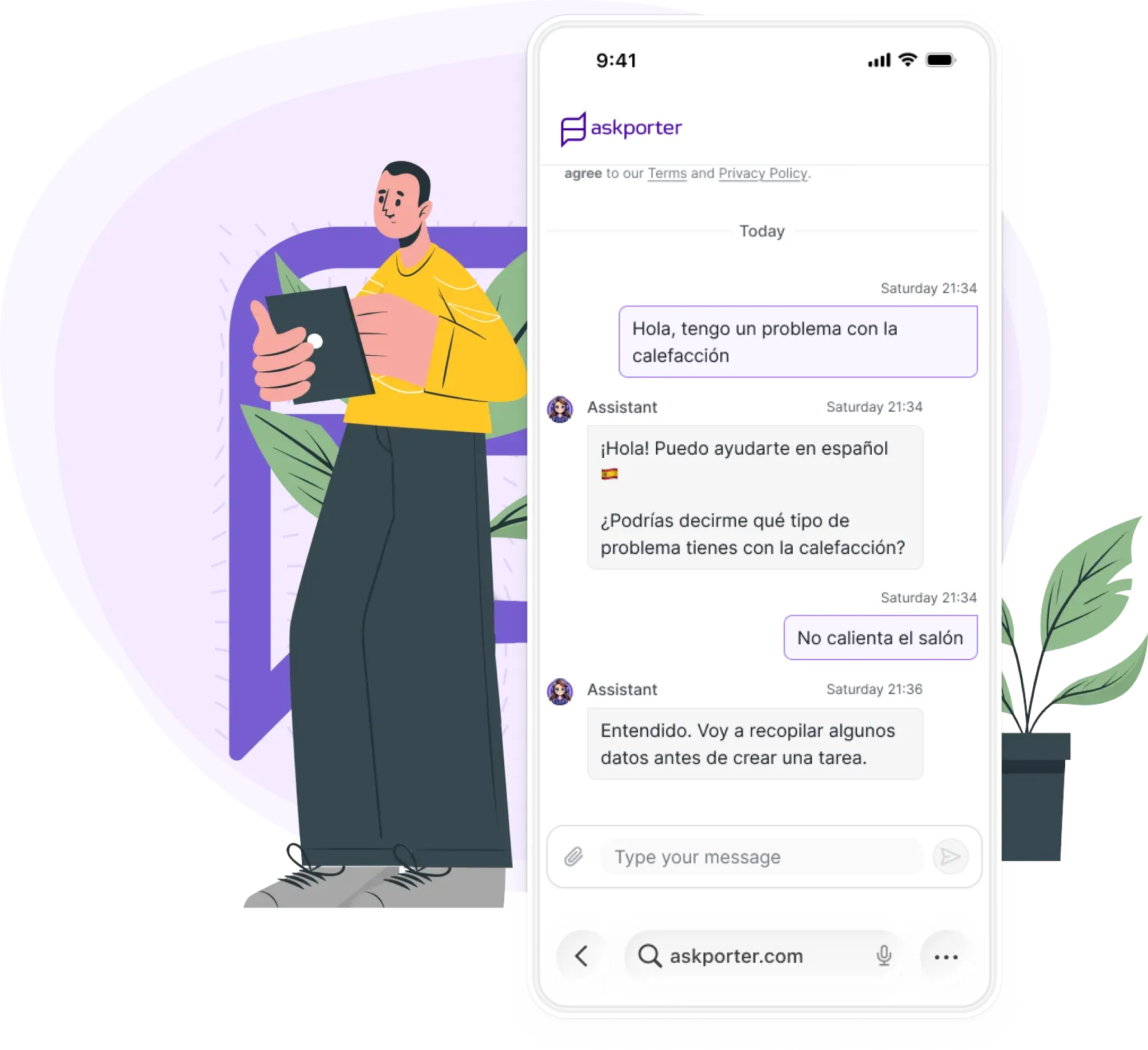 Person using smartphone with askporter's chat interface showing automated task reporting conversation
