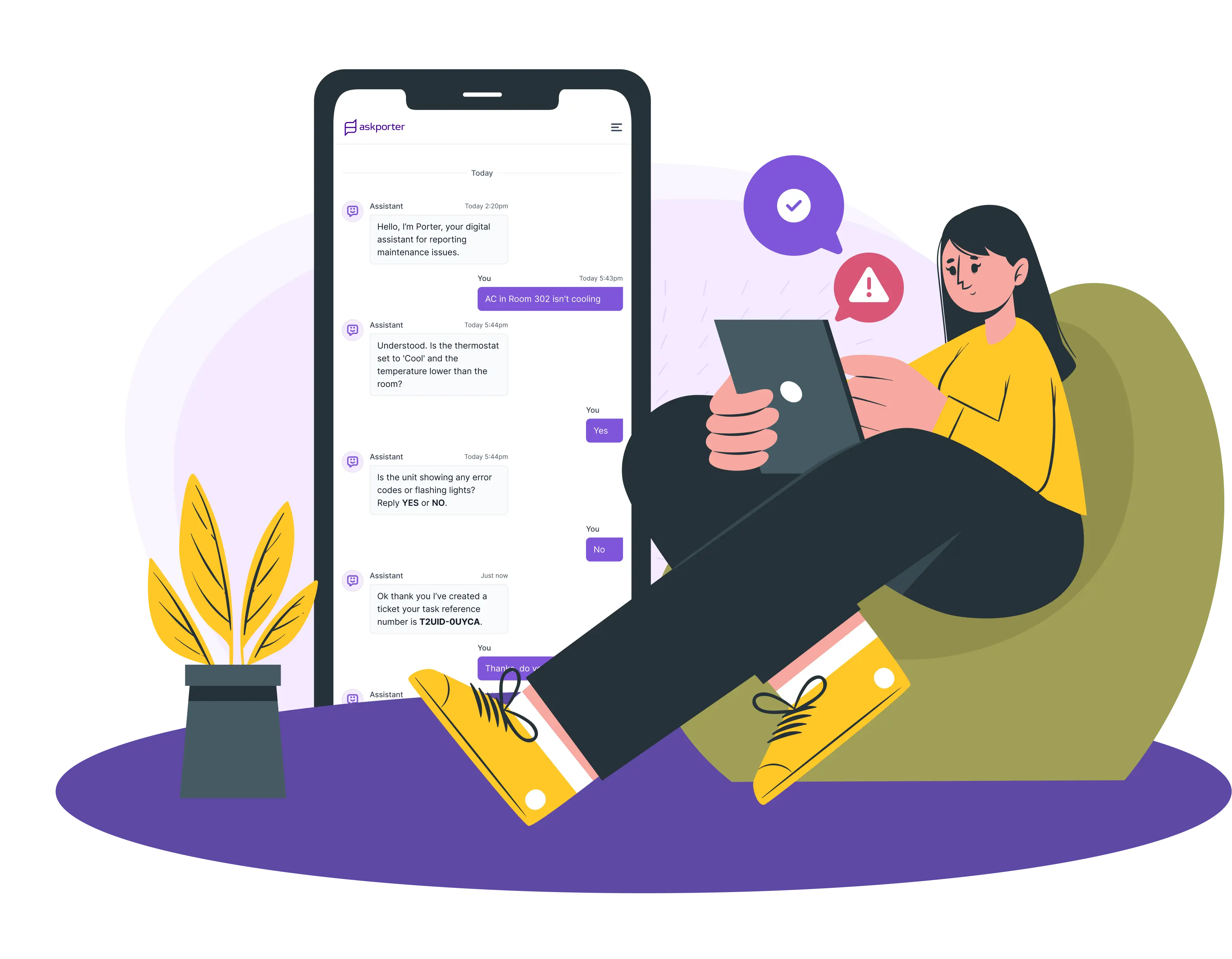 A user reporting an air conditioning fault in Room 302 via the askporter chat assistant, which automatically gathers details and creates a maintenance ticket with a reference number.