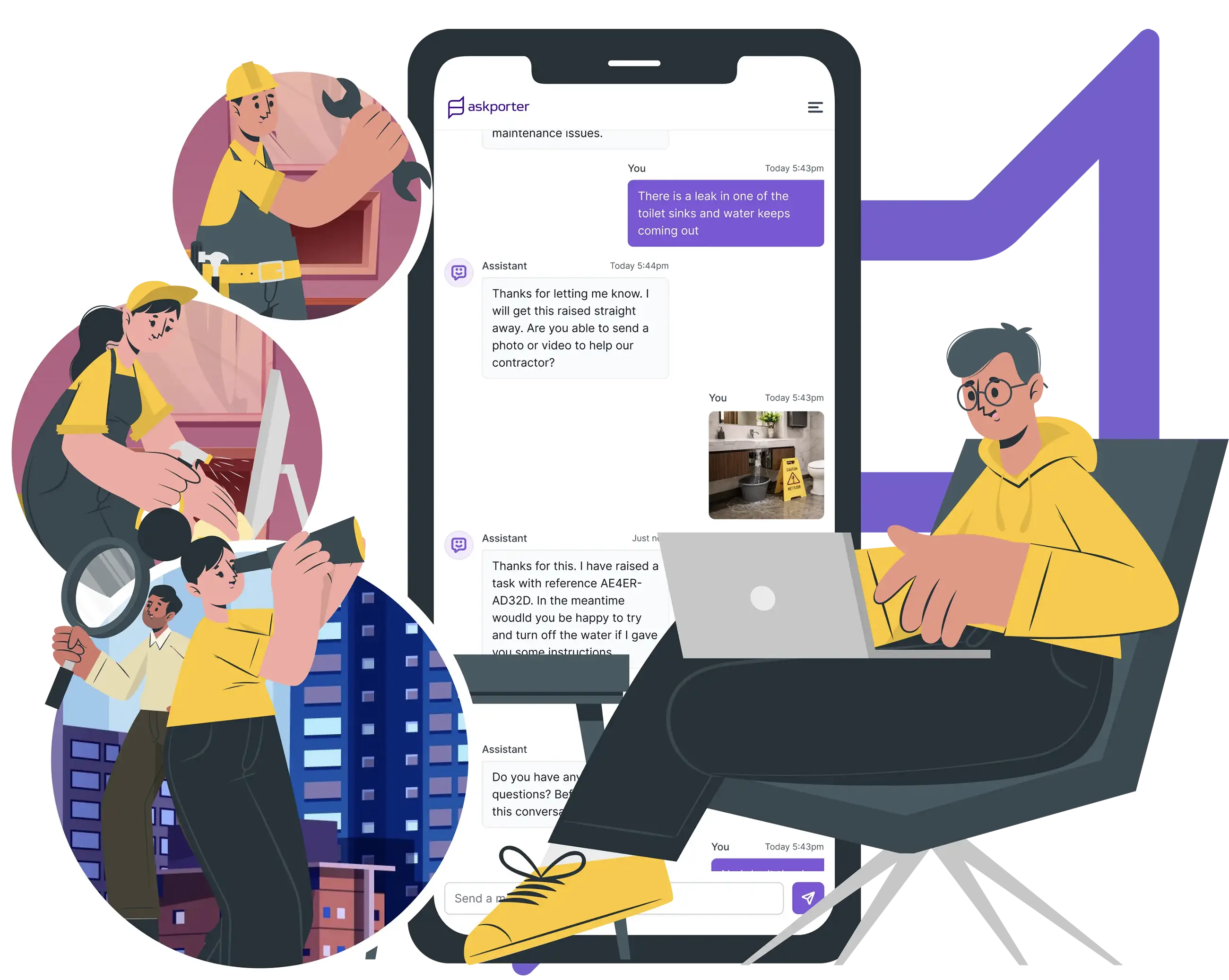 A building occupant reporting a toilet sink leak through the askporter AI chat assistant on a smartphone, with facility maintenance workers responding to the issue