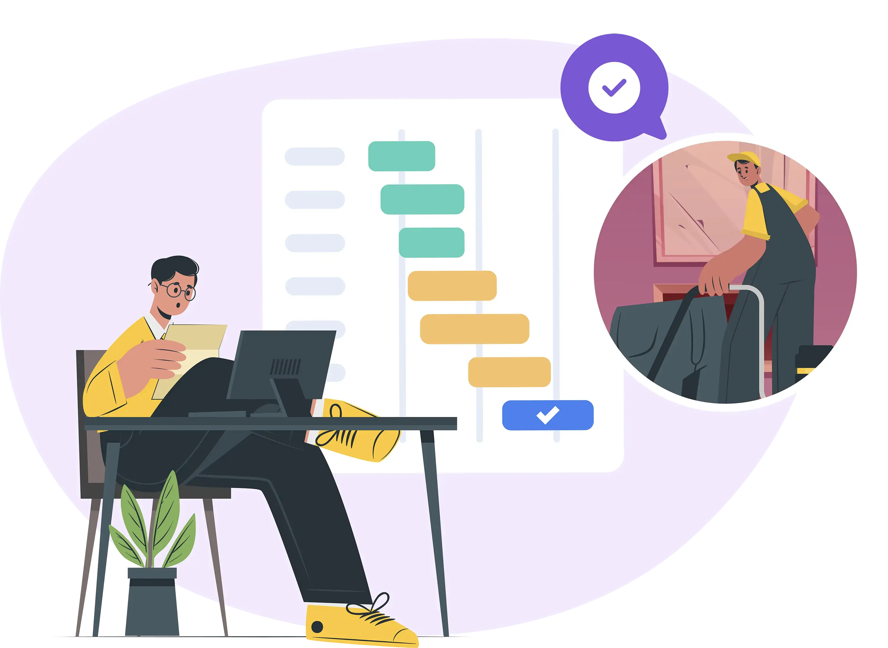 A facilities manager reviewing a task schedule on a laptop while a maintenance worker completes a job on-site, illustrating how askporter connects office-based task management with field operations.