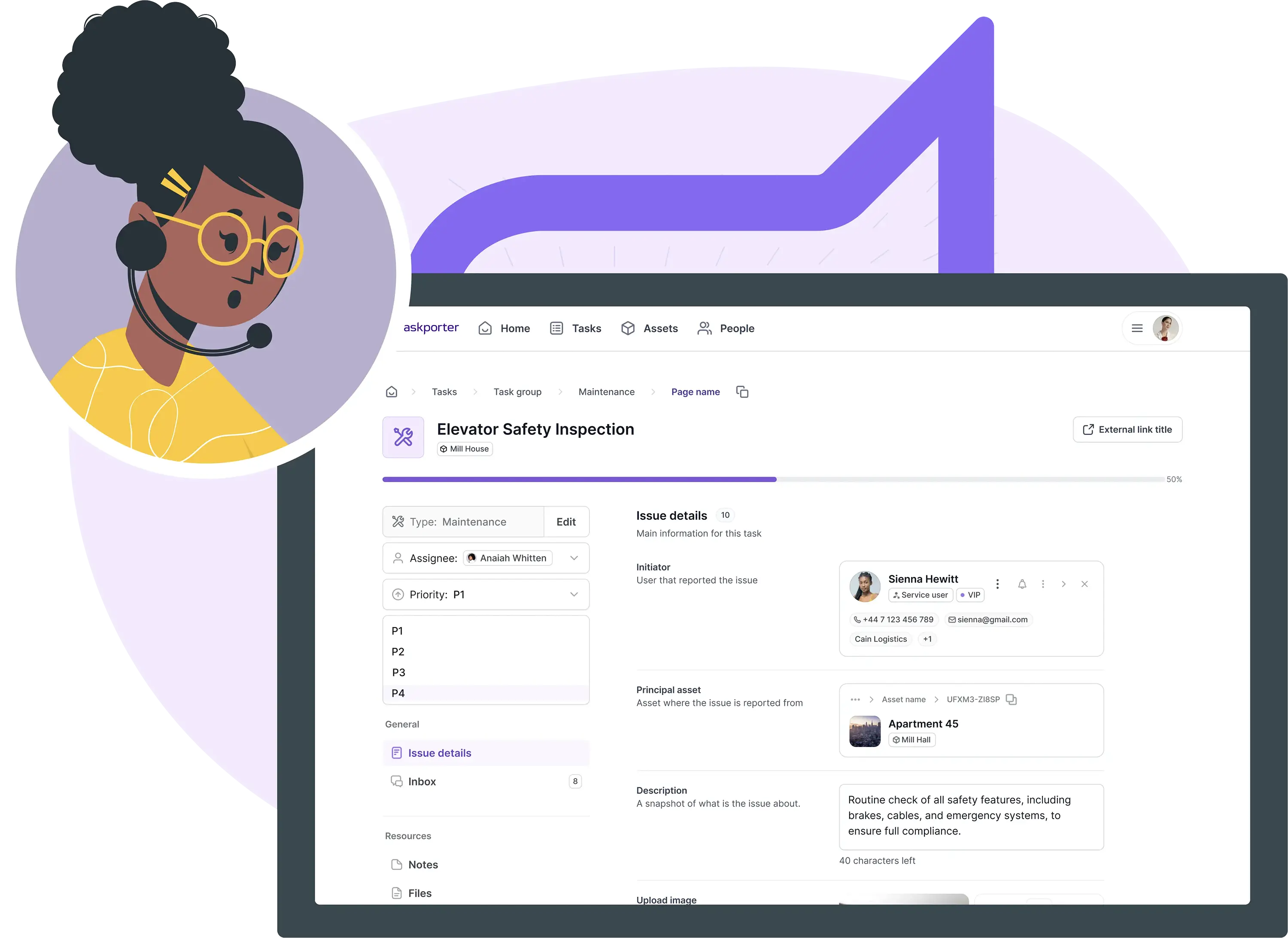 The askporter task detail view for an Elevator Safety Inspection at Mill House, showing assignee, priority level, issue description, initiator contact details, and linked asset information.