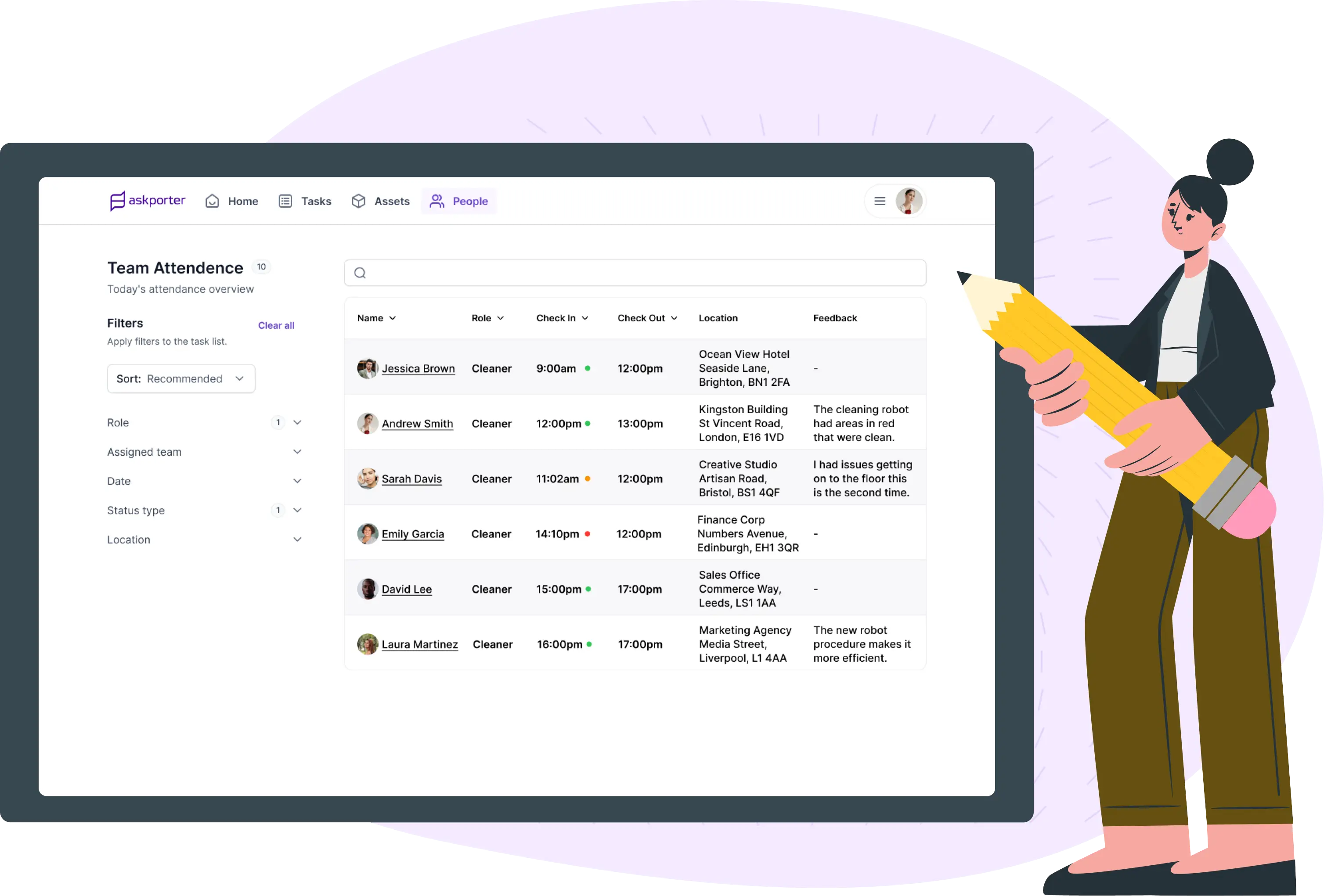The askporter Team Attendance dashboard showing cleaning operatives' check-in and check-out times, locations, and feedback across multiple UK sites.
