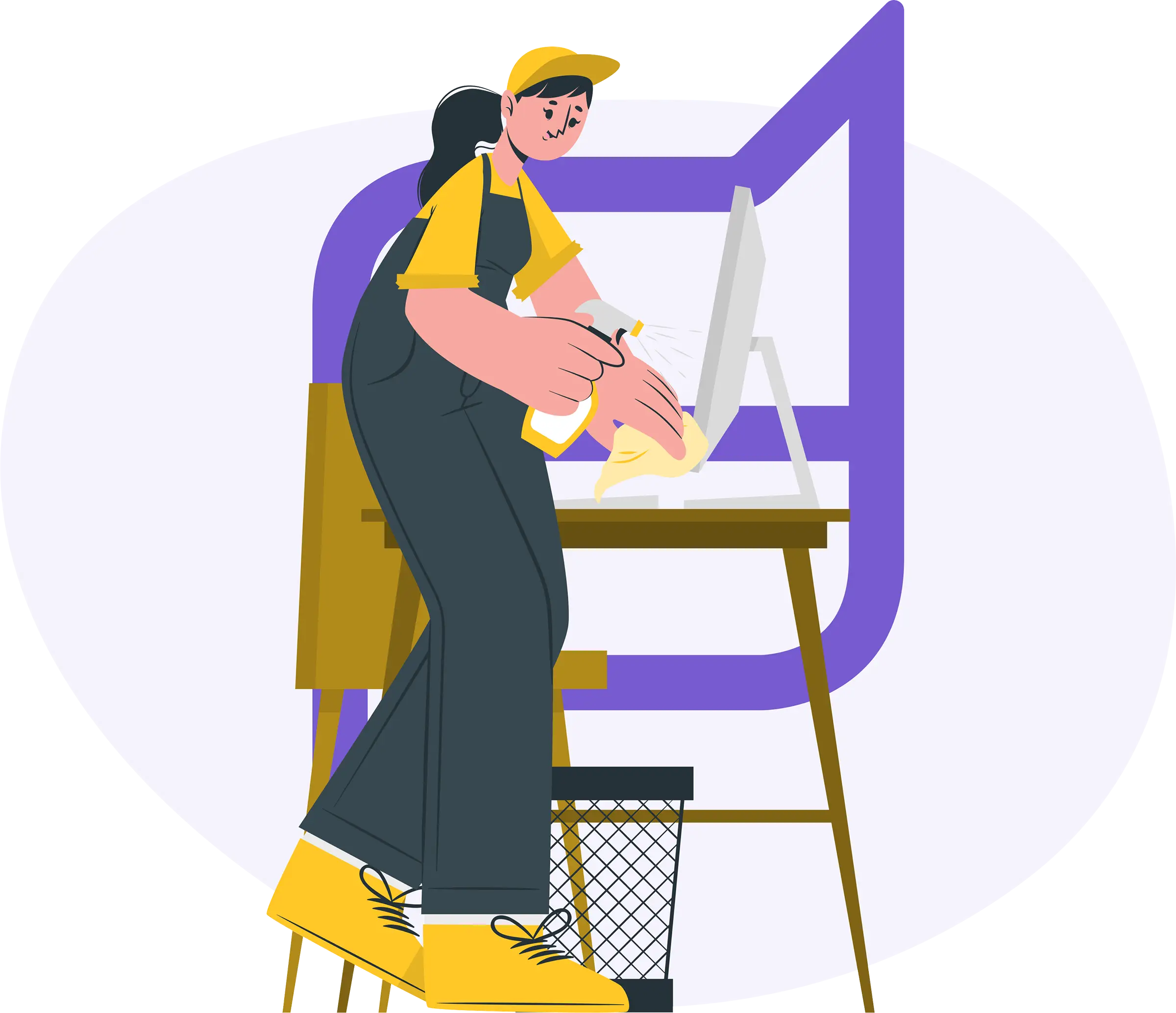 A facilities cleaning operative spraying and wiping a computer monitor, representing field operatives managed through the askporter platform.