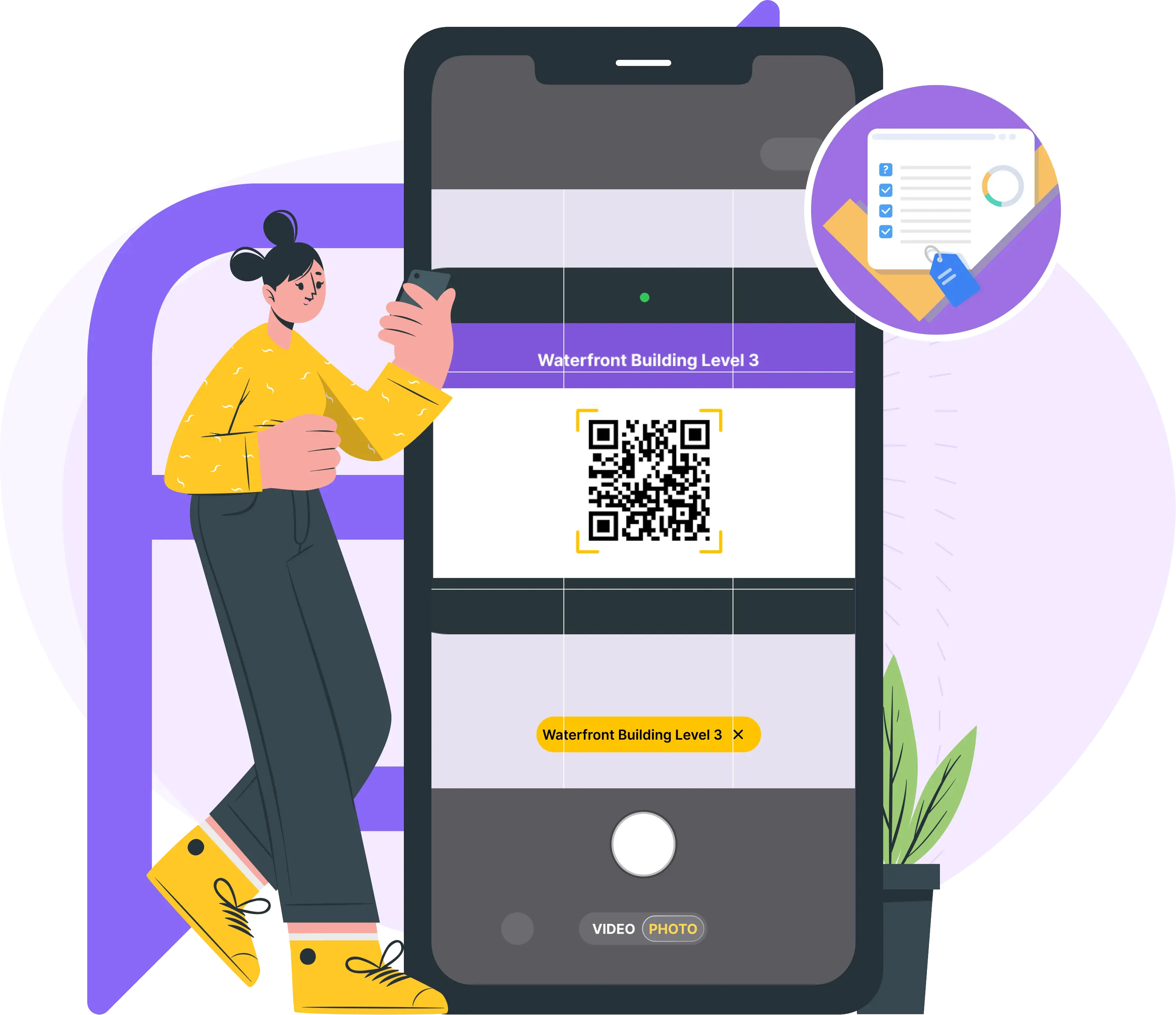 An woman scanning a QR code on the askporter mobile app to check in at Waterfront Building Level 3, with the location automatically tagged and a photo capture option available.