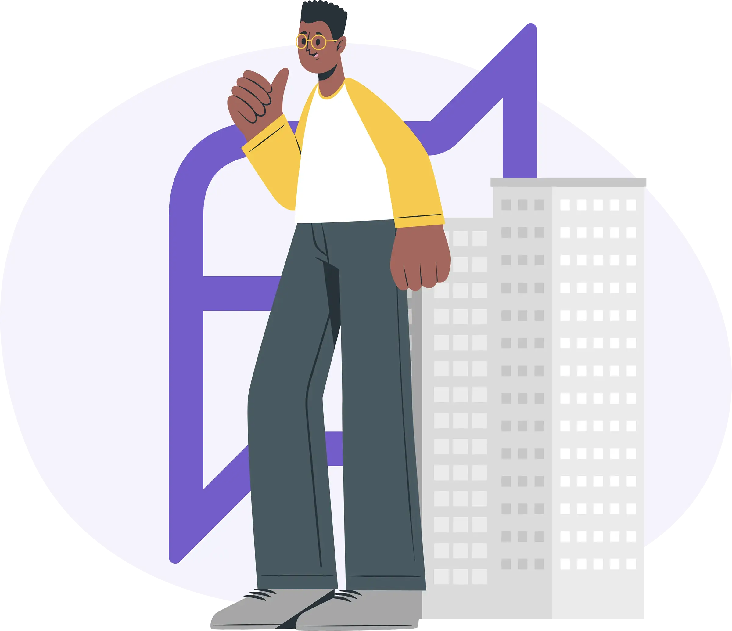 An illustrated facilities manager giving a thumbs up next to a commercial building, representing client satisfaction with askporter's property management platform.