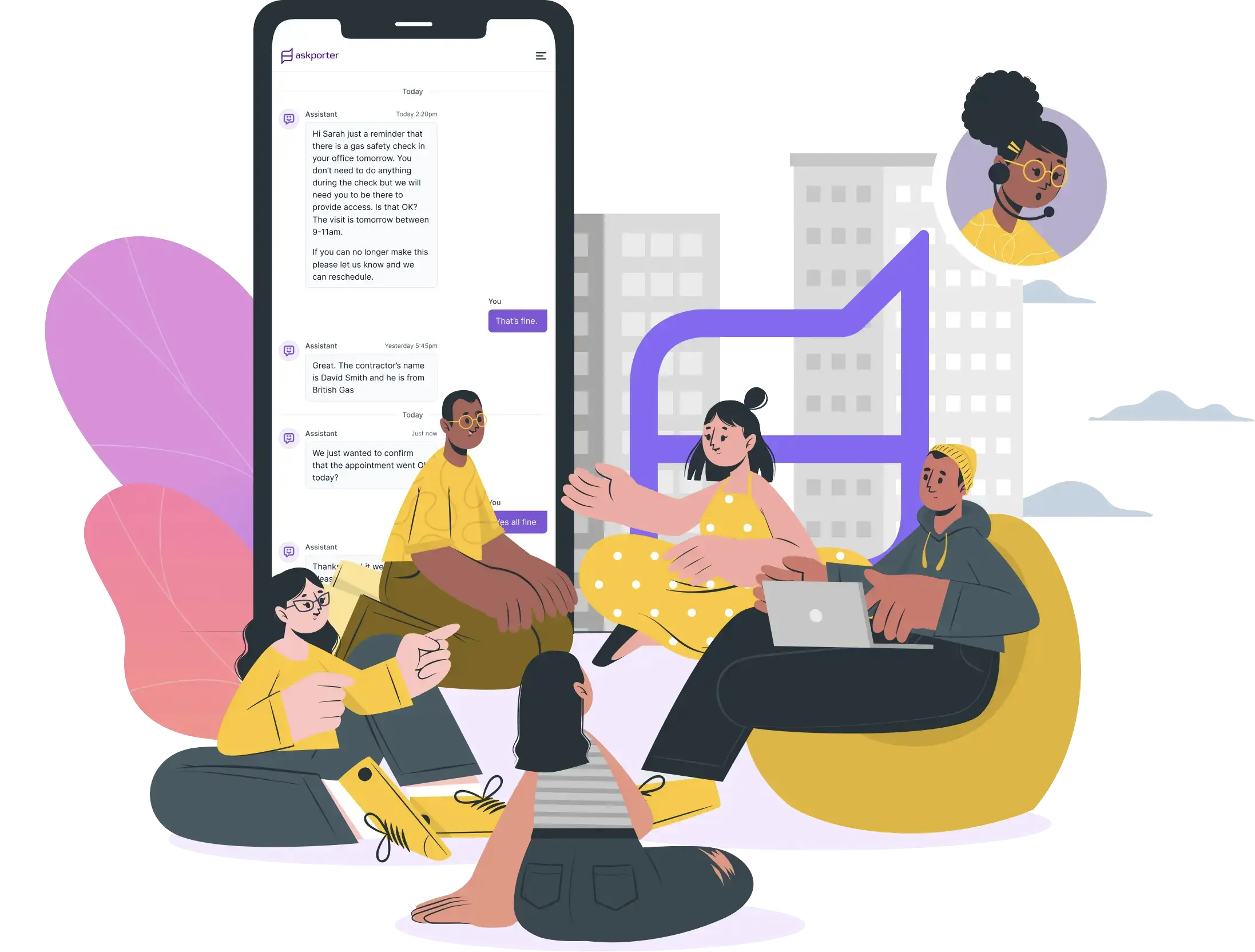 Building occupants and facilities staff communicating through the askporter outbound messaging assistant, showing an automated gas safety check reminder sent to Sarah with contractor details and appointment confirmation.
