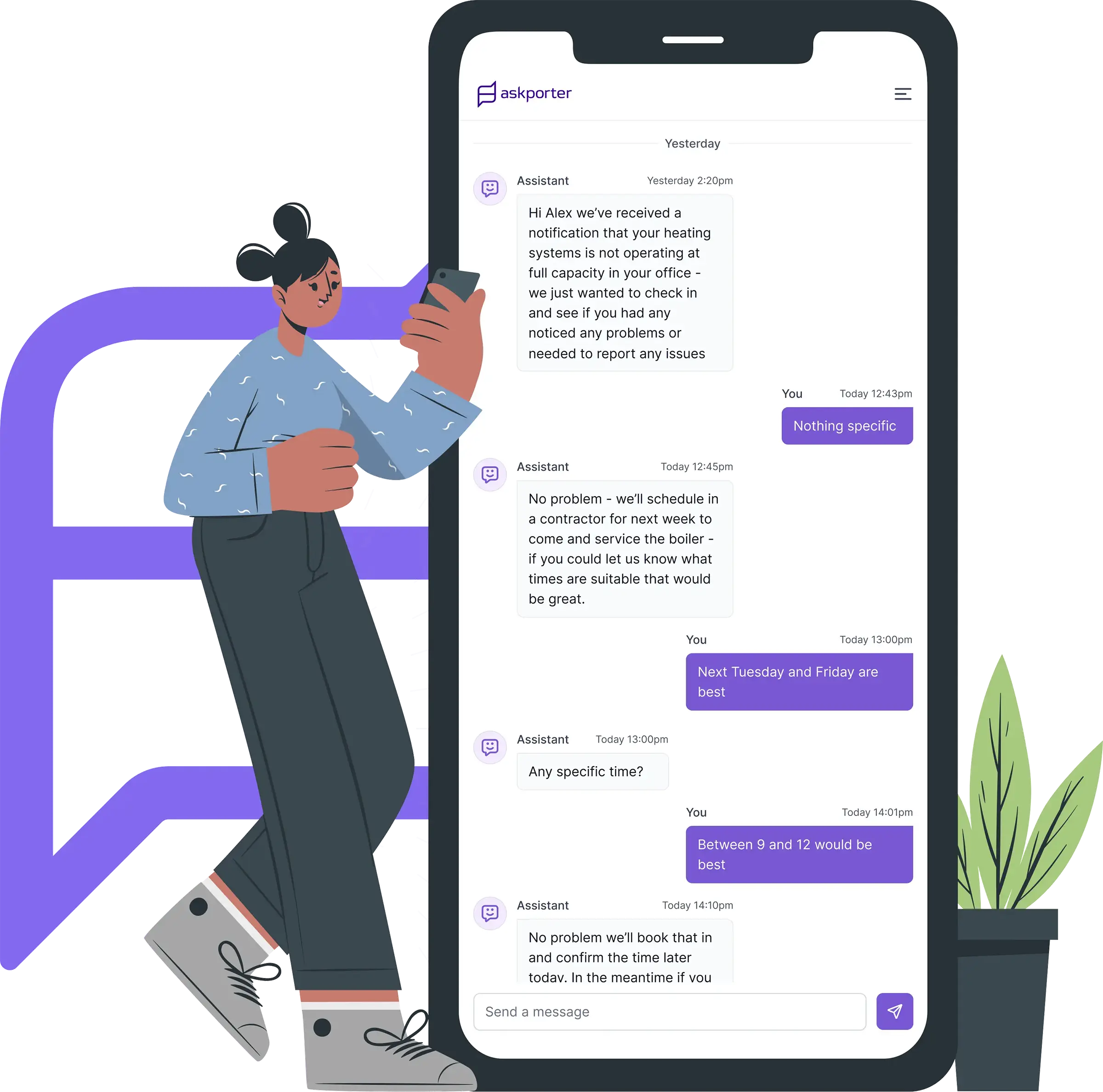 A building occupant receiving a proactive askporter message about an underperforming heating system, responding to schedule a boiler service appointment for the following Tuesday between 9 and 12.