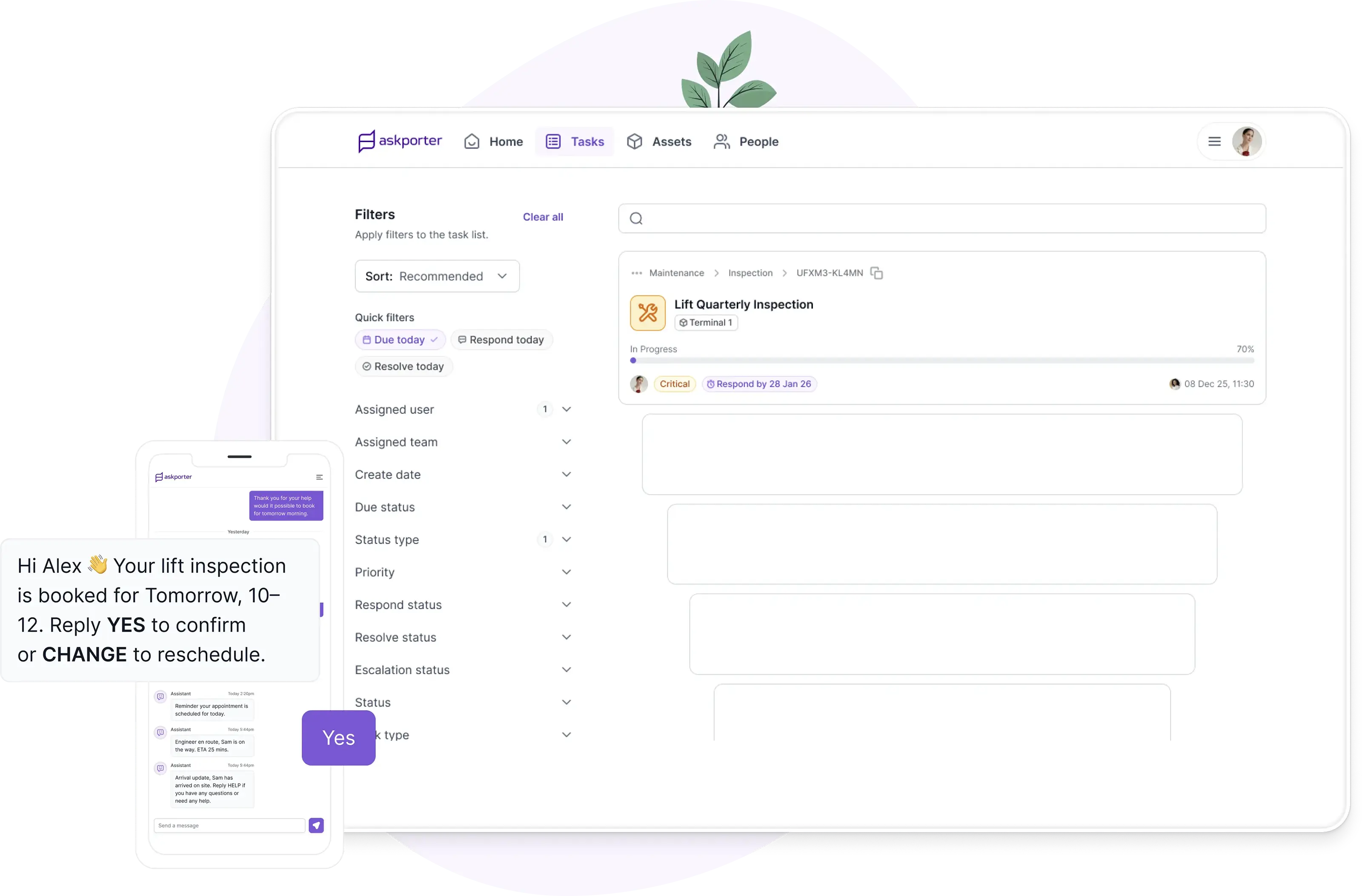 The askporter task manager showing a Lift Quarterly Inspection at Terminal 1 marked as critical, alongside an automated SMS appointment reminder sent to Alex confirming a 10–12 booking slot.