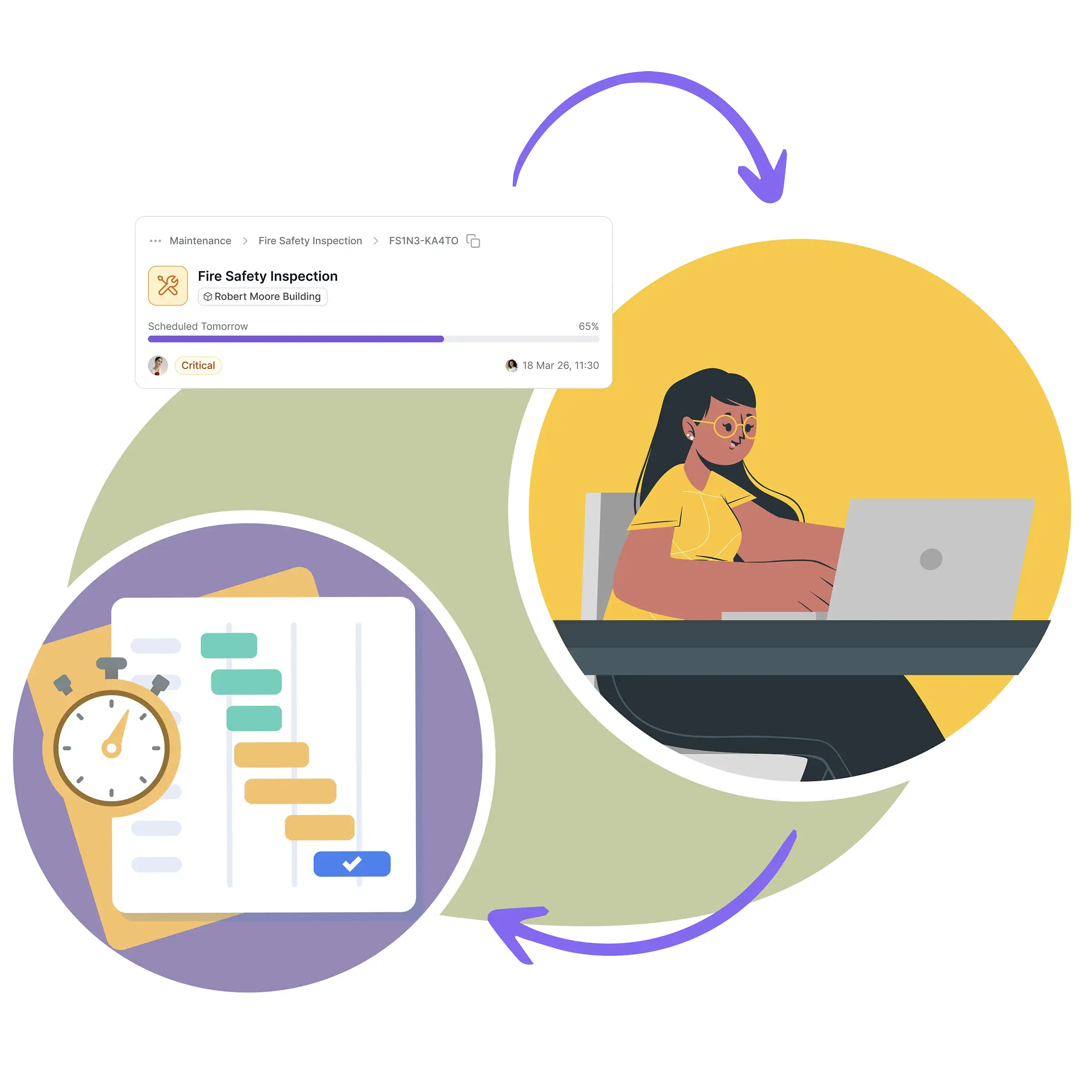  facilities manager scheduling a Fire Safety Inspection at Robert Moore Building in askporter, with an automated task schedule and completion checklist generated from the booking.