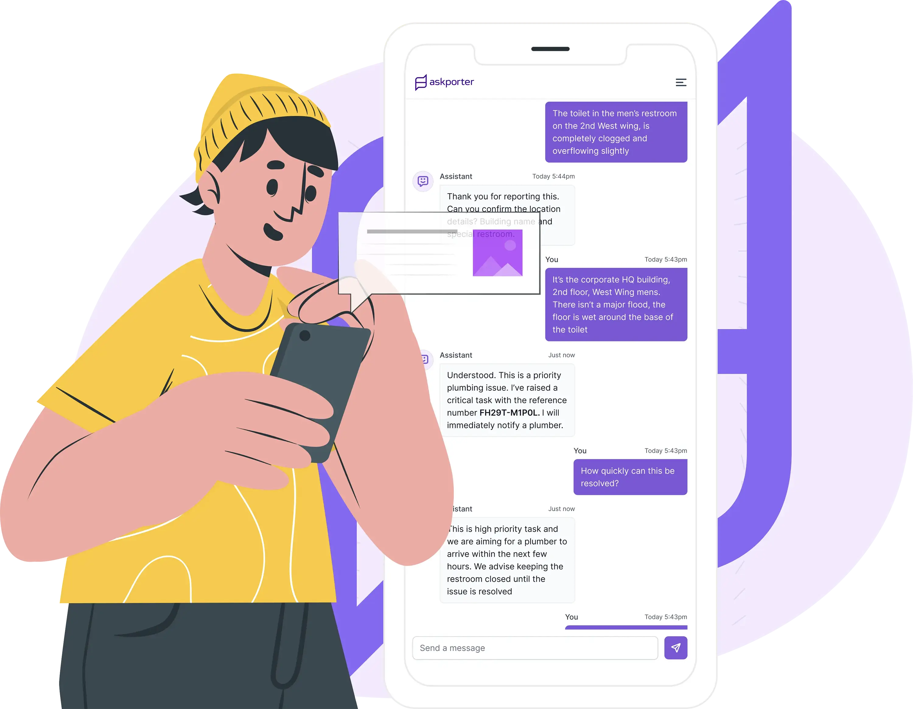 A building occupant reporting a clogged and overflowing toilet in the men's restroom via the askporter chat assistant, which raises a critical priority plumbing task with reference FH29T-M1P0L and dispatches a plumber.