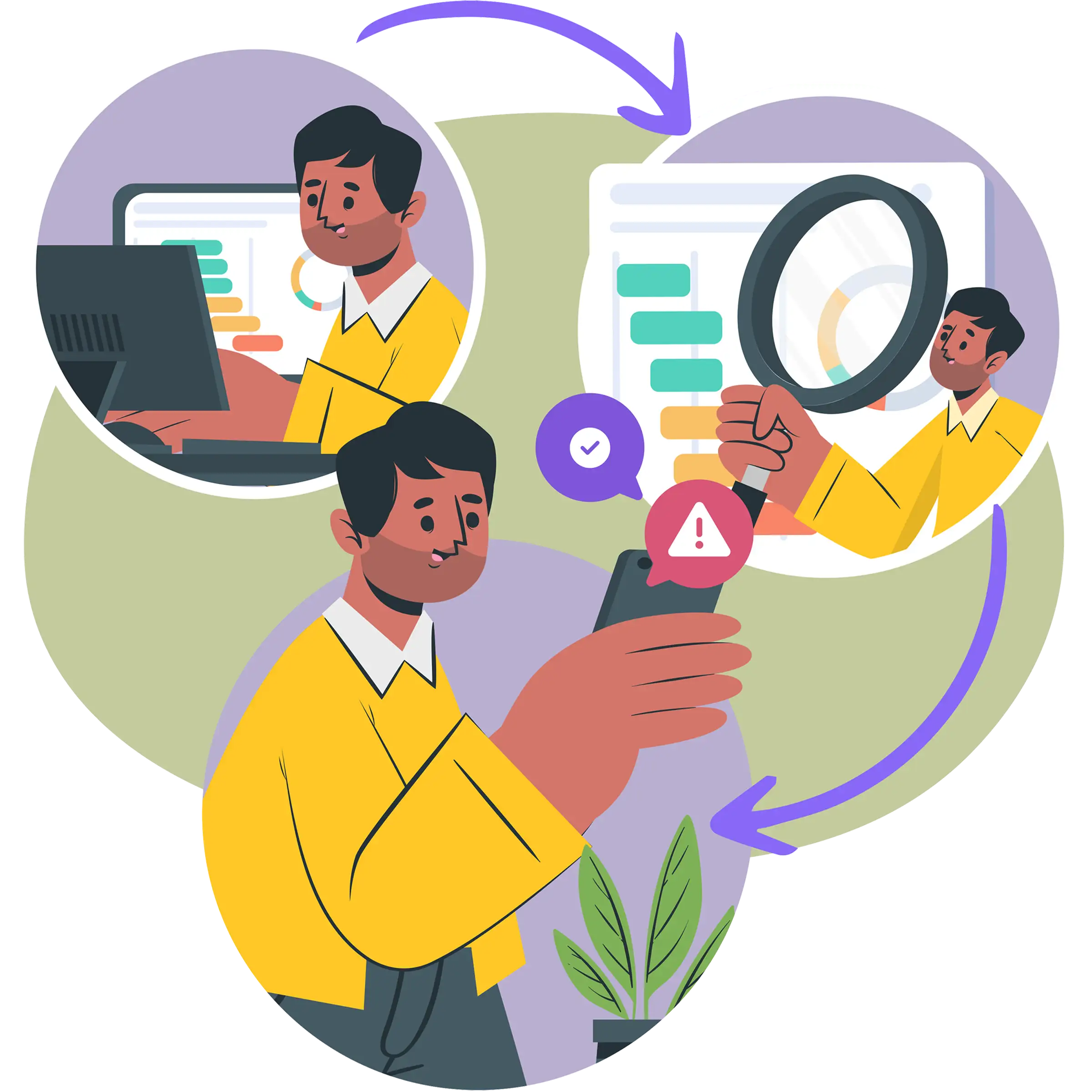 Operations manager reviews task dashboard on laptop, inspects data with magnifying glass, and receives a priority alert on mobile — illustrating full workload visibility across sites.