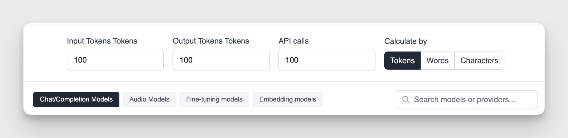 GPT-5 pricing calculator input panel for tokens, words, characters, and API call estimates.