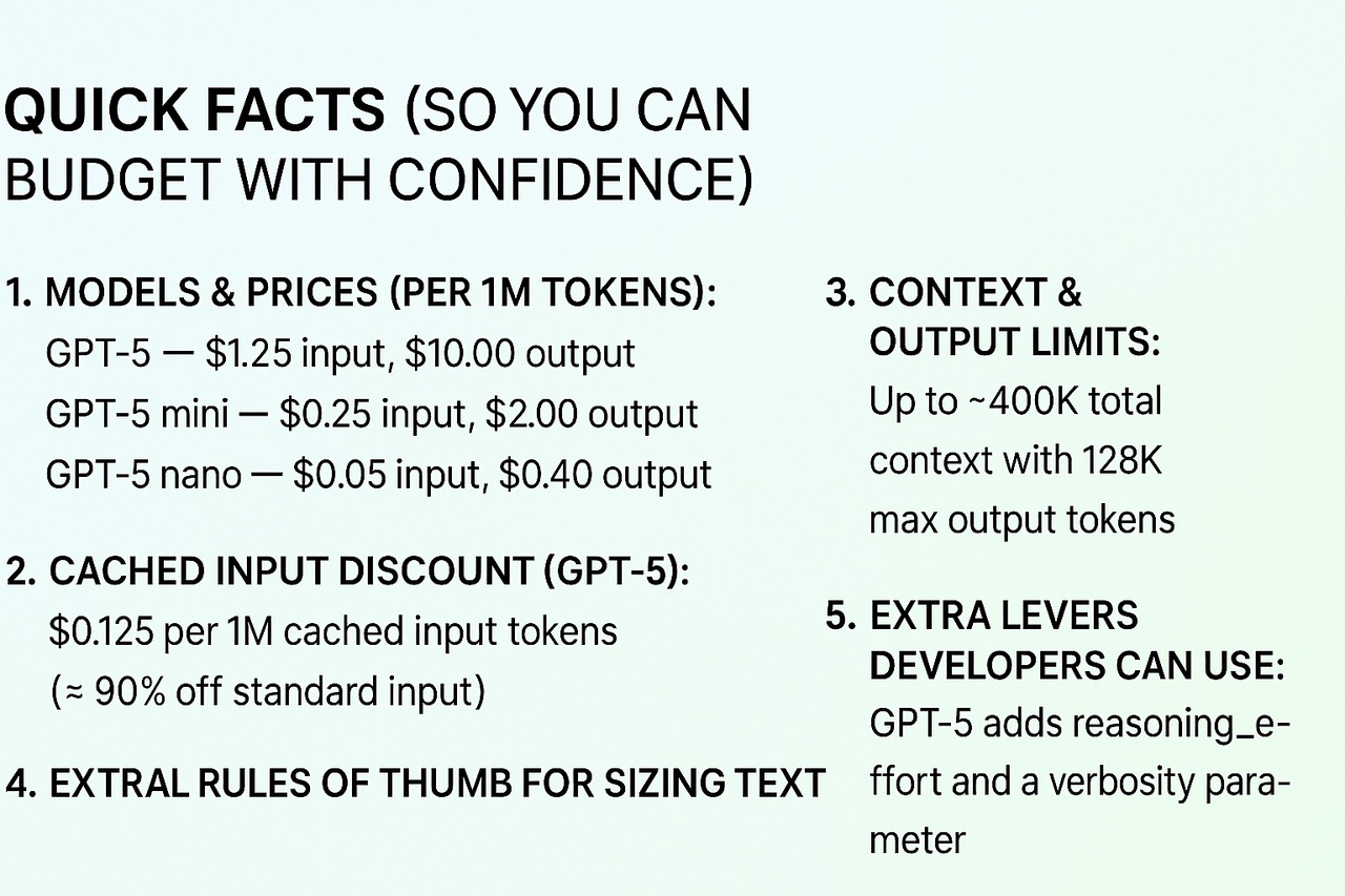 Quick facts on GPT-5 pricing, token rates, limits, and advanced usage tips.