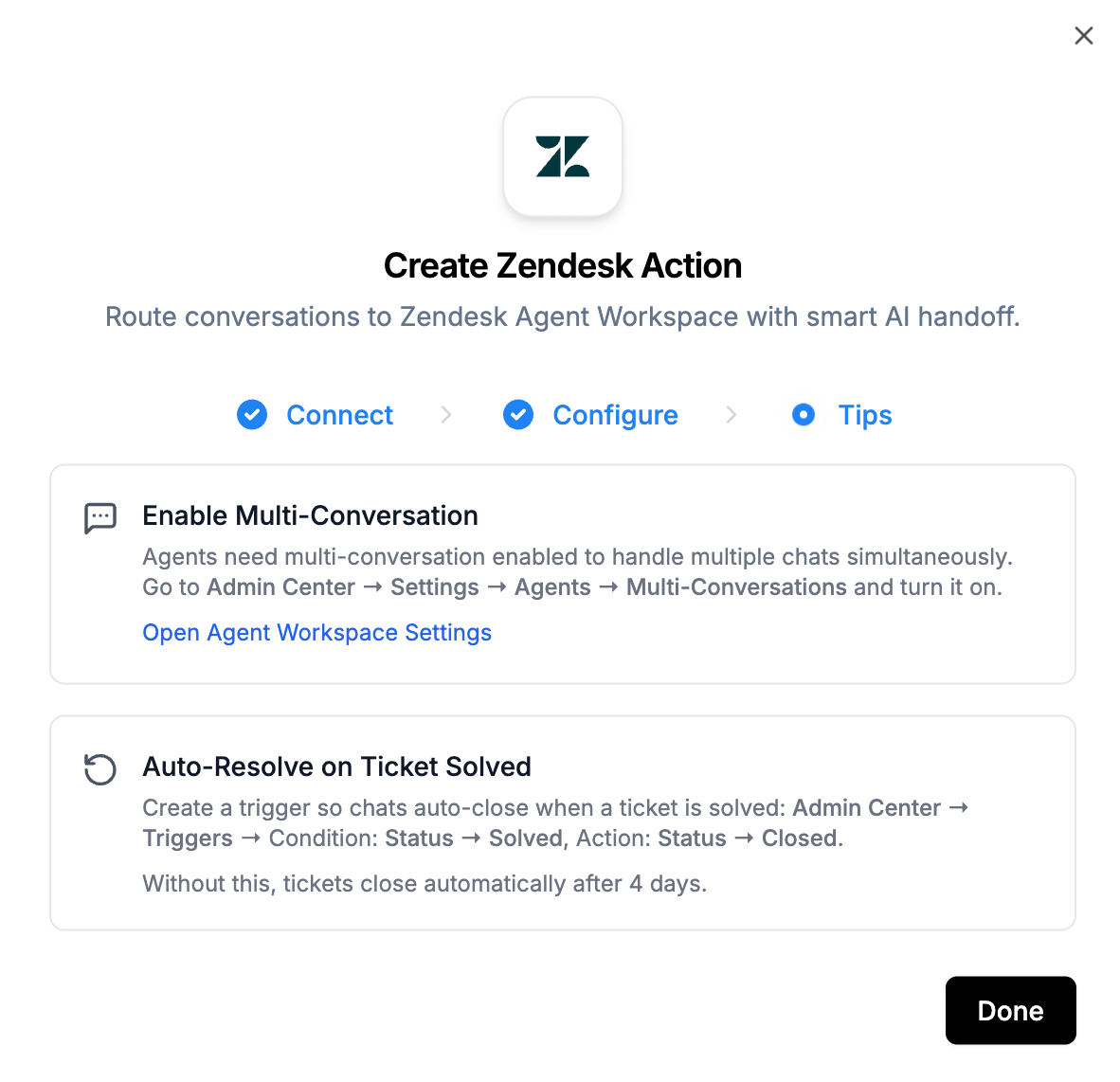 LiveChatAI Zendesk Action tips screen showing Enable Multi-Conversation and Auto-Resolve on Ticket Solved settings    for Zendesk Agent Workspace