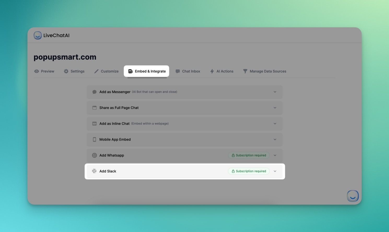the Add to slack on LiveChatAI's Embed & Integrate section