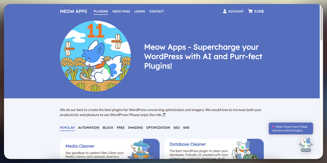 Meow Apps AI Engine landing page secreenshot