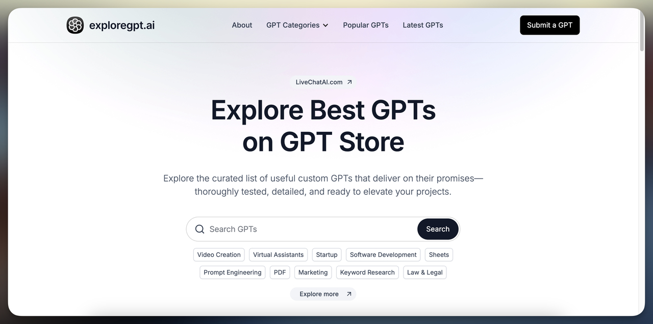 ExploreGPT.ai landing page secreenshot.