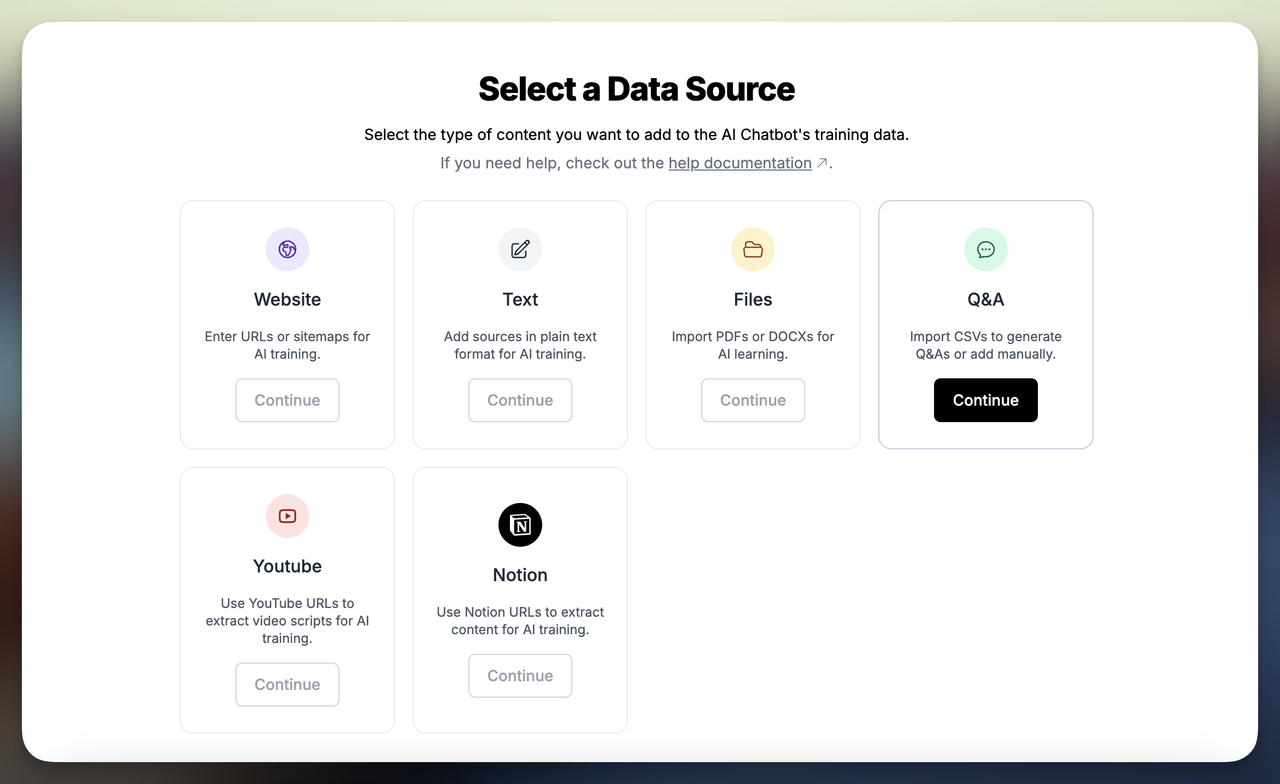 Data source types of LiveChatAI (e.g., Website, Text, PDF, or Q&A)