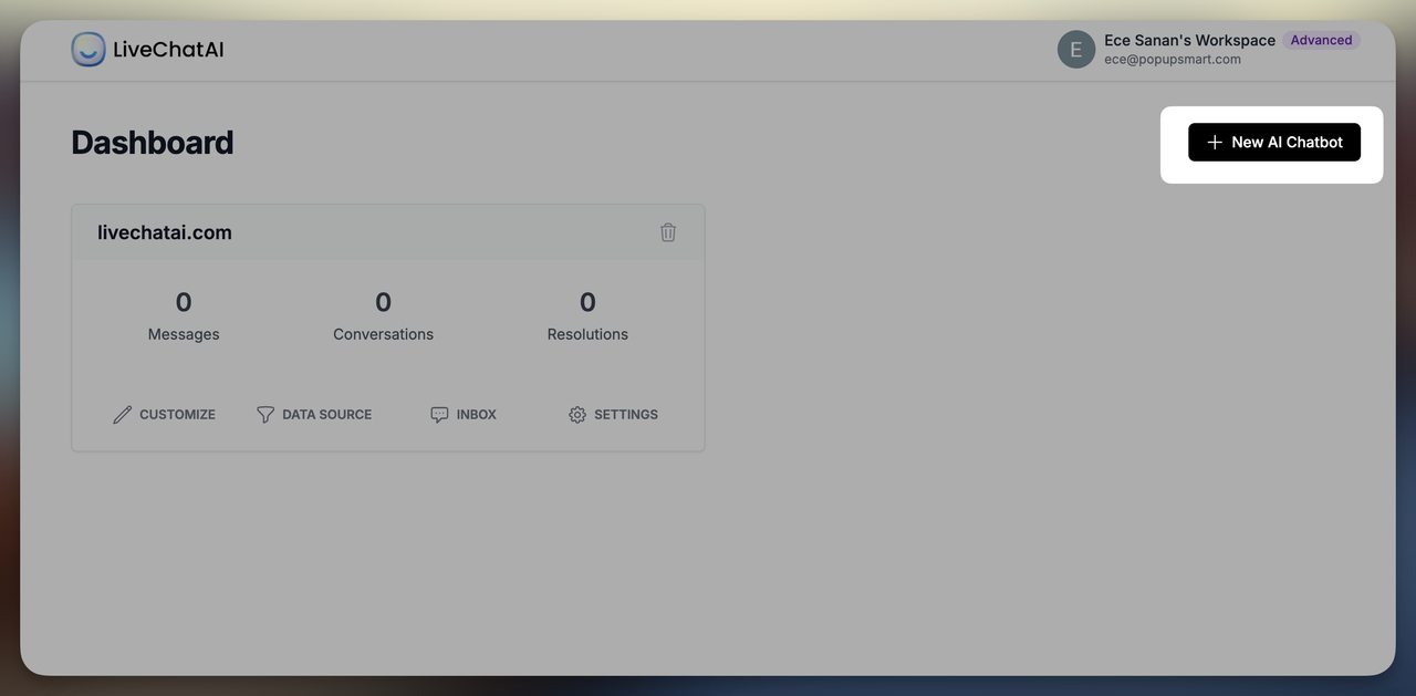 Highlighted "New AI Chatbot" button on LiveChatAI dashboard
