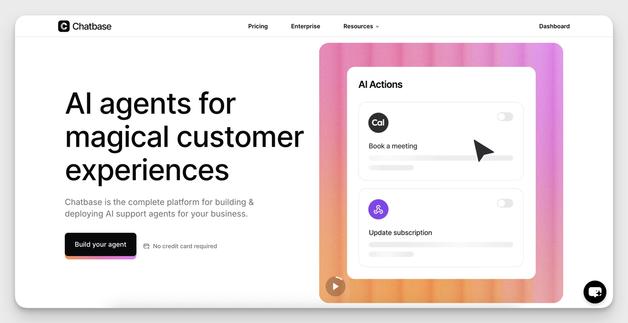 Chatbase homepage with AI Actions card for booking and subscription updates—baseline for comparing any chatbase alterative.