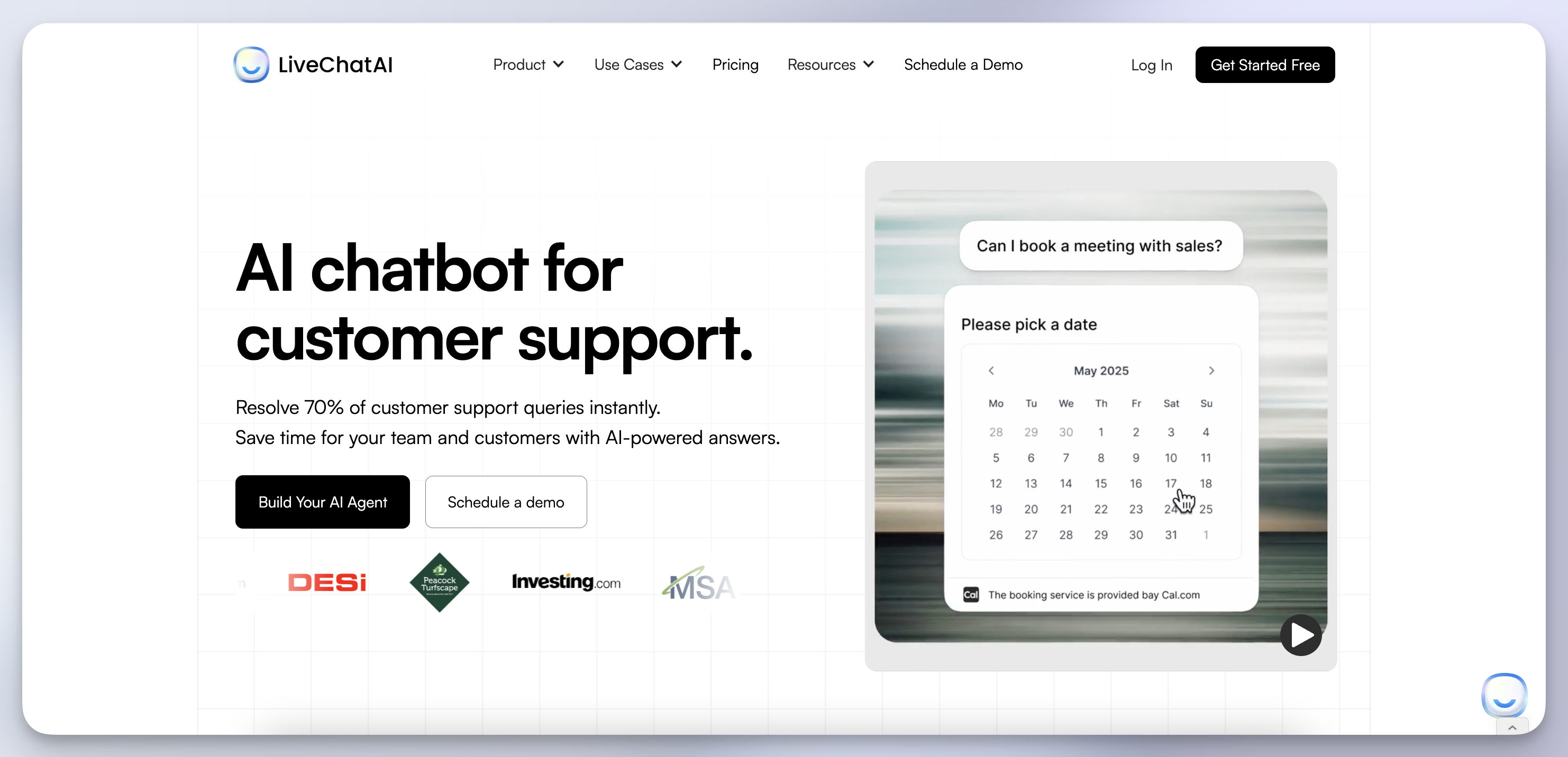 LiveChatAI homepage showing unlimited-message plans and one-click AI Actions - chatbase alternative for cost-efficient support.