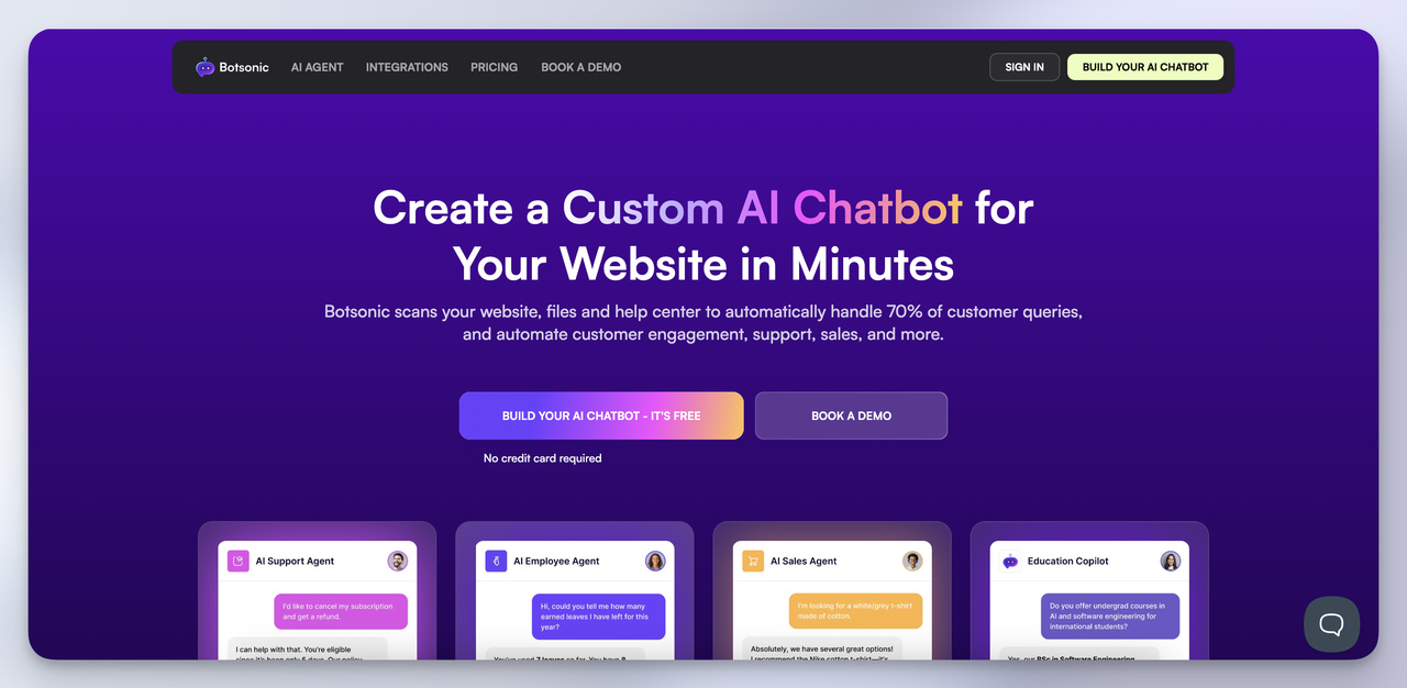 Botsonic gradient hero section advertising instant website scan setup - quick-start chatbase alternative for 70 % FAQ deflection.