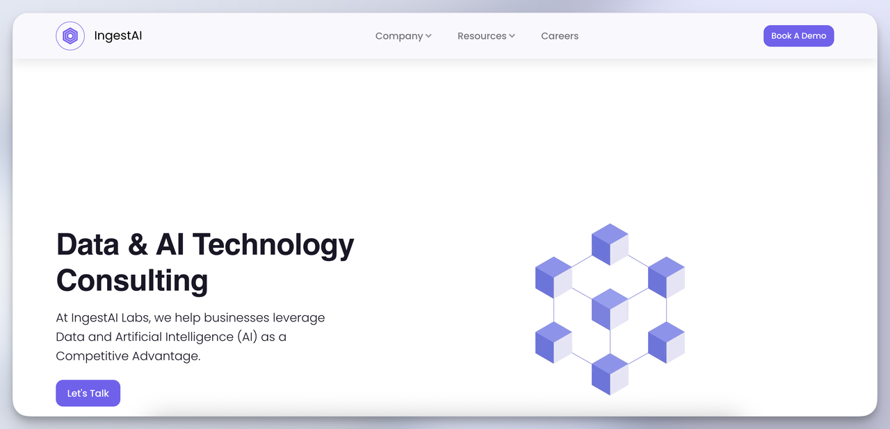 IngestAI consulting style homepage focusing on data & AI tech services - voice-and-chat chatbase alternative for IVR use cases