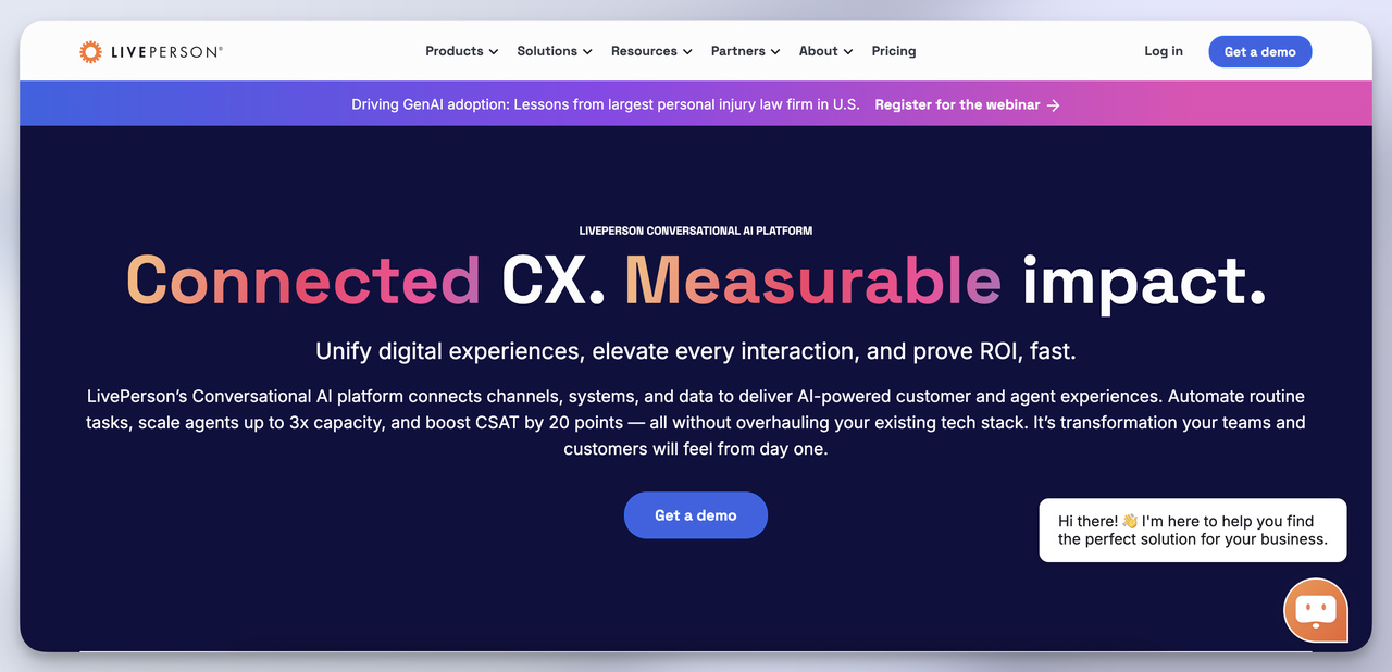 LivePerson ‘Connected CX’ banner showcasing enterprise conversational cloud - enterprise-grade chatbase alternative with analytics.