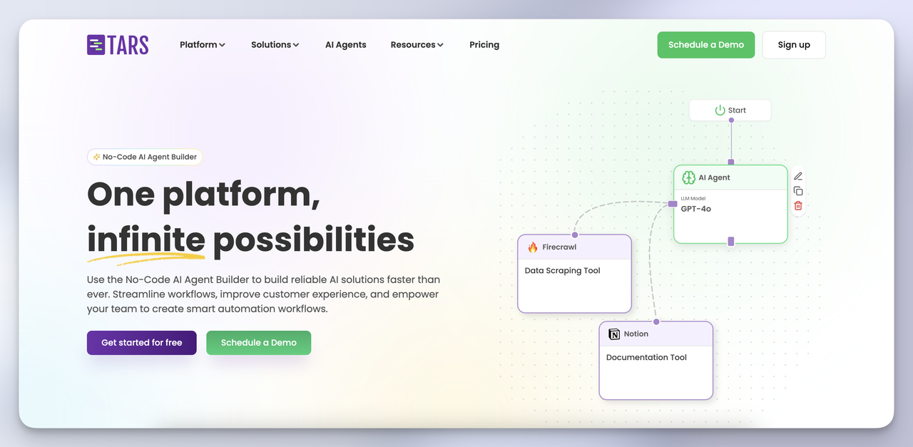 Tars landing page featuring lead-gen chatbot templates and A/B tools - conversion-focused chatbase alternative for marketers.
