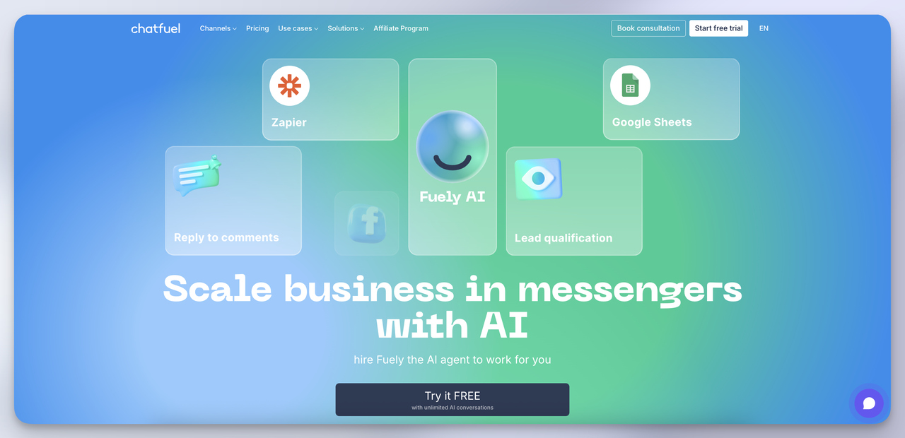 Chatfuel Fuely AI messenger homepage with WhatsApp automation blocks - social-commerce chatbase alternative for Meta channels.
