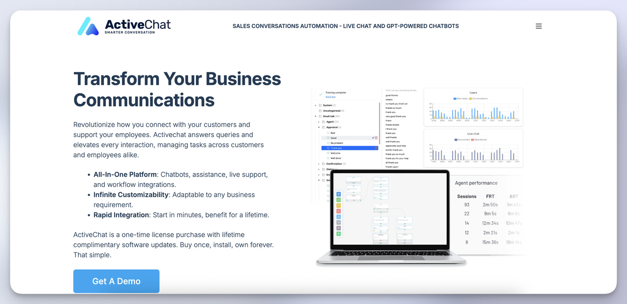 Activechat flowchart builder homepage promising one-time license and infinite custom bots - lifetime chatbase alternative option.