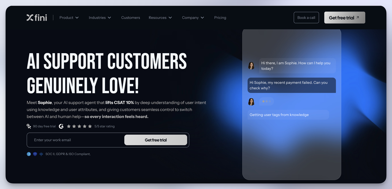Fini AI dark hero section introducing SOC 2 compliant Sophie agent - secure chatbase alternative for regulated industries.
