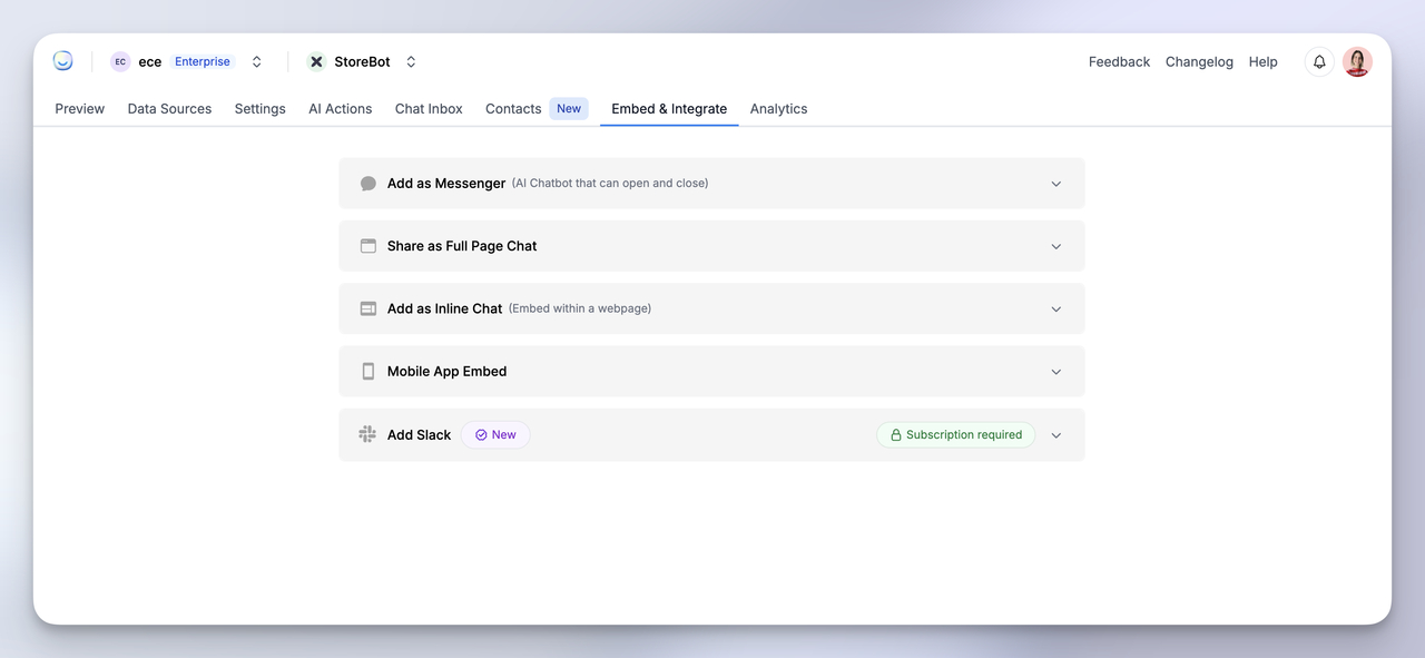 Various integration options in LiveChatAI for embedding a Webflow AI Agent including Messenger, Full Page, and Inline Chat