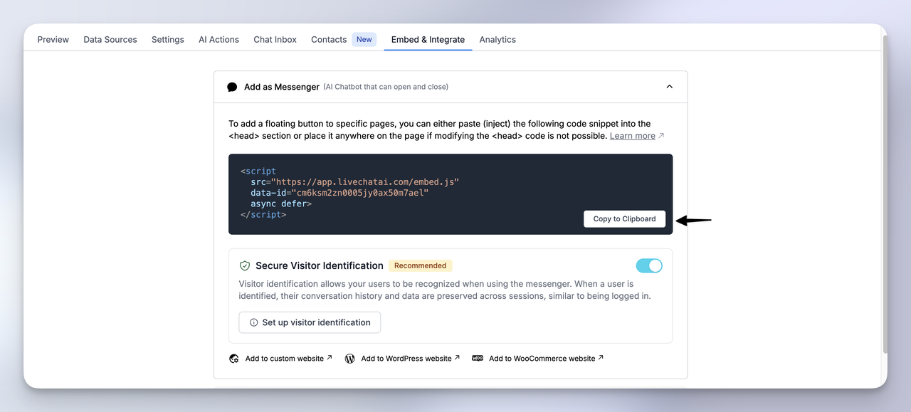 LiveChatAI dashboard showing the script snippet to embed a Webflow AI Agent using the Add as Messenger option