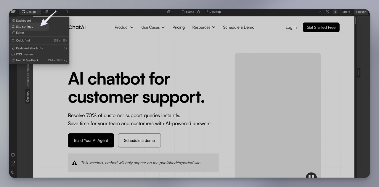 Opening Webflow Site Settings from the Designer view to configure your Webflow AI Agent