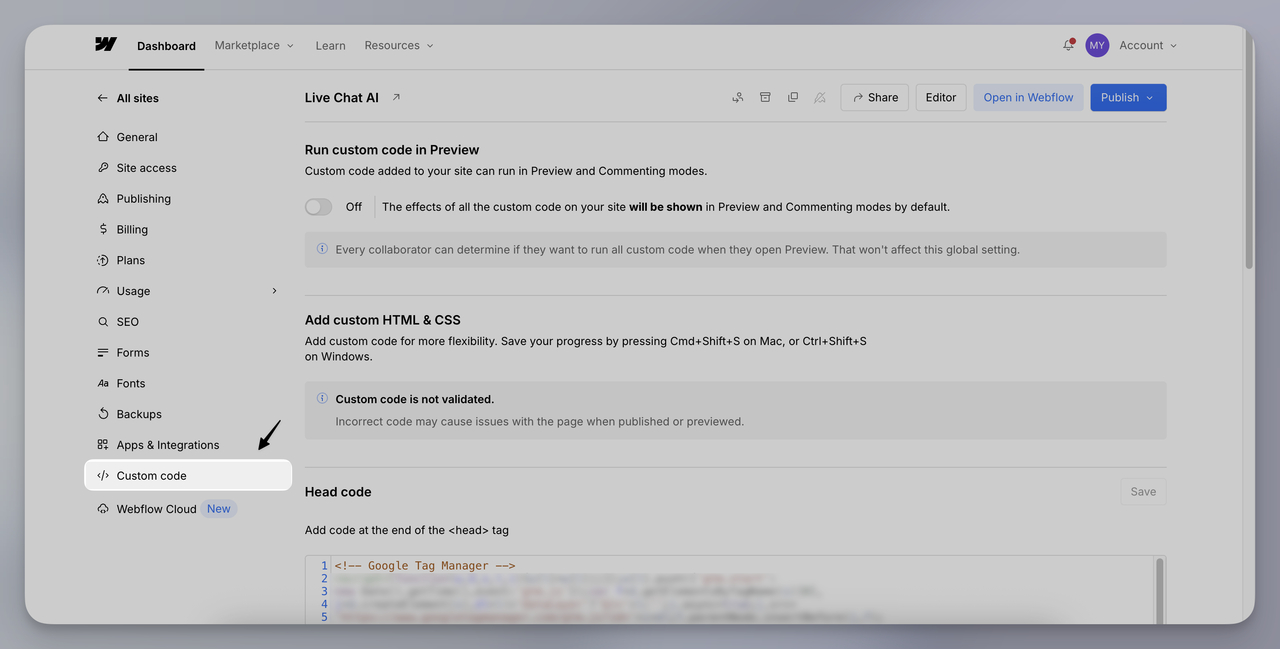Webflow dashboard showing where to access Custom Code settings to install your Webflow AI Agent script