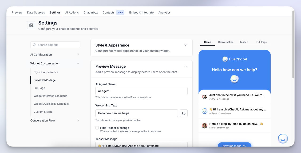 Customizing preview messages and visual style for your Webflow AI Agent inside the LiveChatAI settings panel