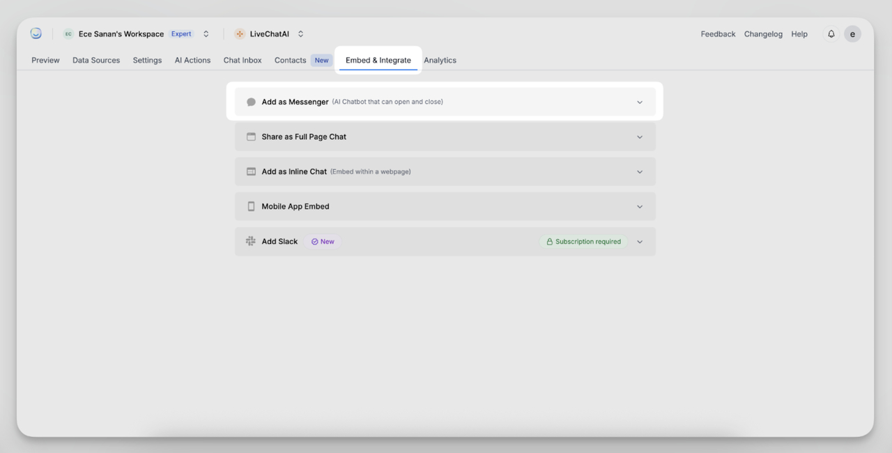Embed options for adding a Wix AI Agent via LiveChatAI, including Messenger, Inline Chat, and Full Page Chat.