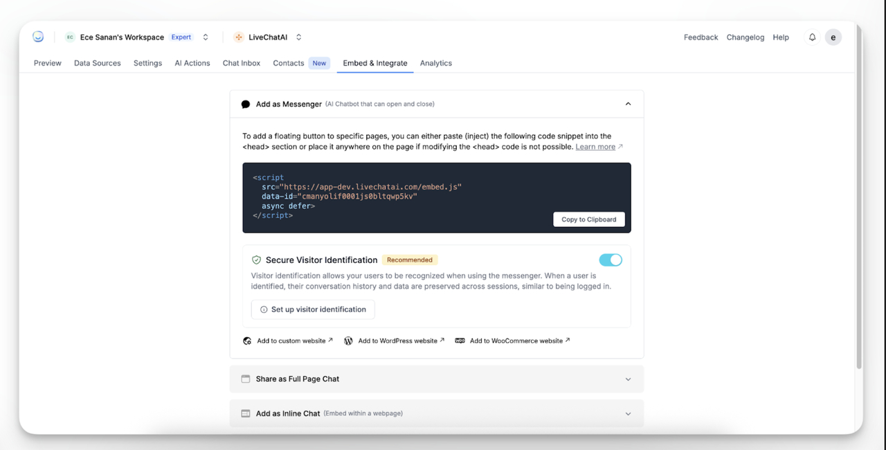 JavaScript snippet for embedding a Wix AI Agent chatbot into your Wix site using LiveChatAI.