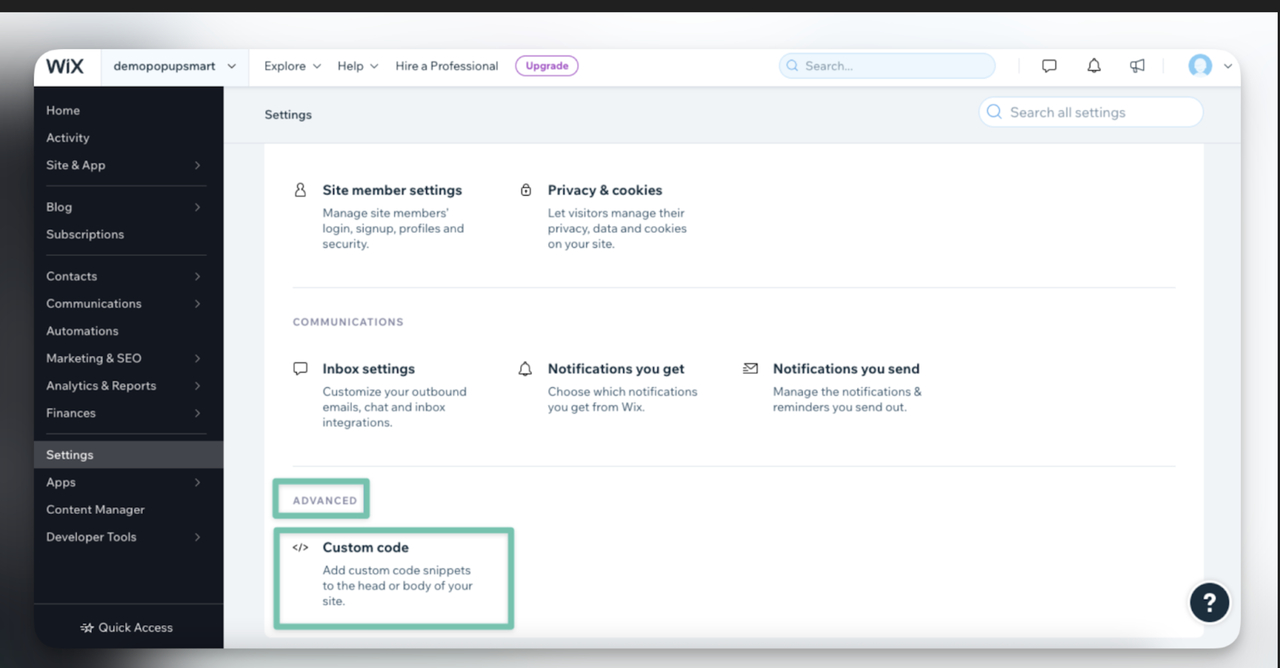 Navigating to the custom code section in Wix settings to embed the Wix AI Agent.