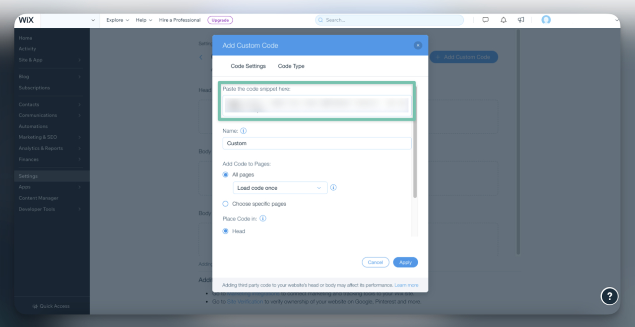 Final step to paste and apply the Wix AI Agent script from LiveChatAI inside Wix’s custom code editor.