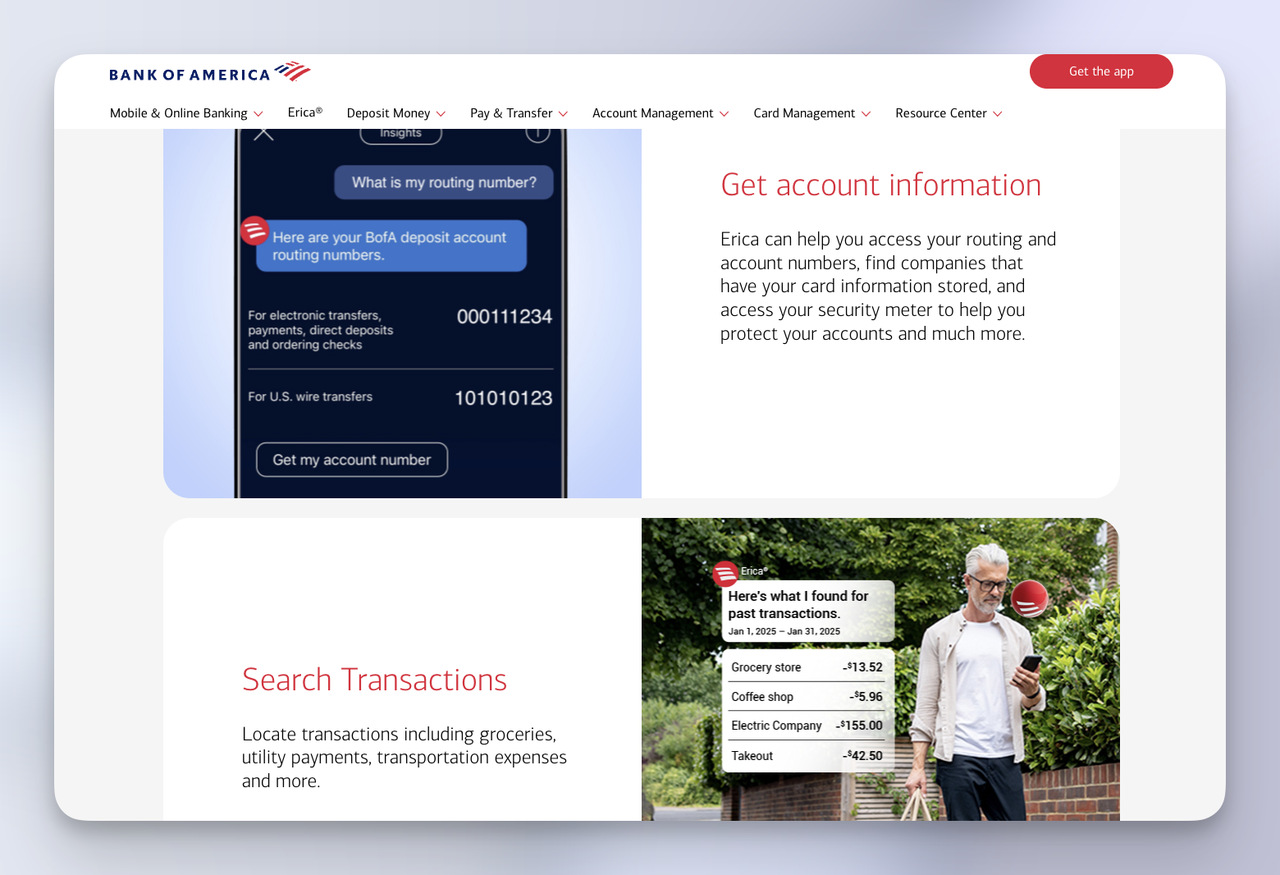 Erica chatbot example from Bank of America helping a user retrieve account information and search recent transactions.