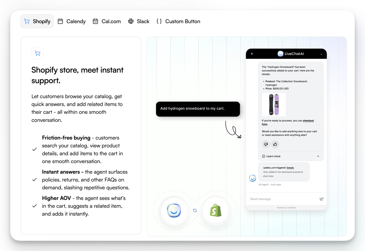 Shopify Product Recommendation App – LiveChatAI Shopify integration demo showing conversational AI chatbot recommending and adding products to cart.