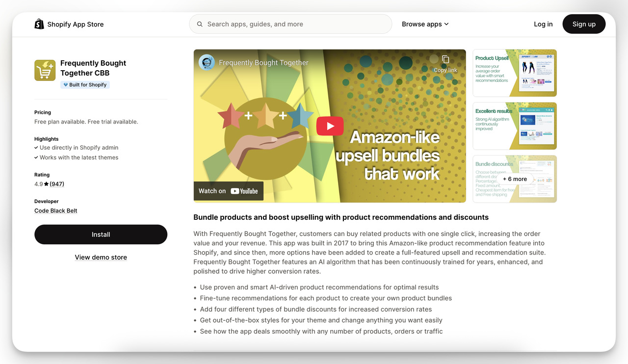 Shopify Product Recommendation App – Frequently Bought Together tool for Amazon-style AI bundles and upsells to increase average order value.
