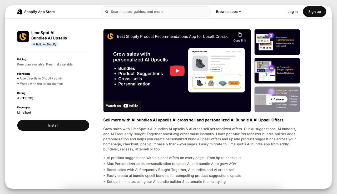 Shopify Product Recommendation App – LimeSpot AI bundles and upsells dashboard with product suggestions, cross-sells, and personalization features.