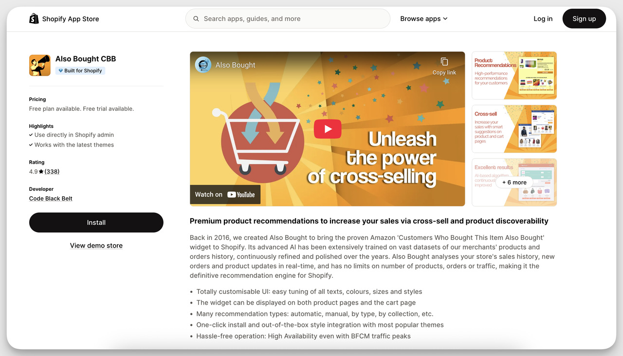 Shopify Product Recommendation App – Also Bought CBB dashboard showcasing AI-powered cross-sell and upsell features with customizable product suggestions.