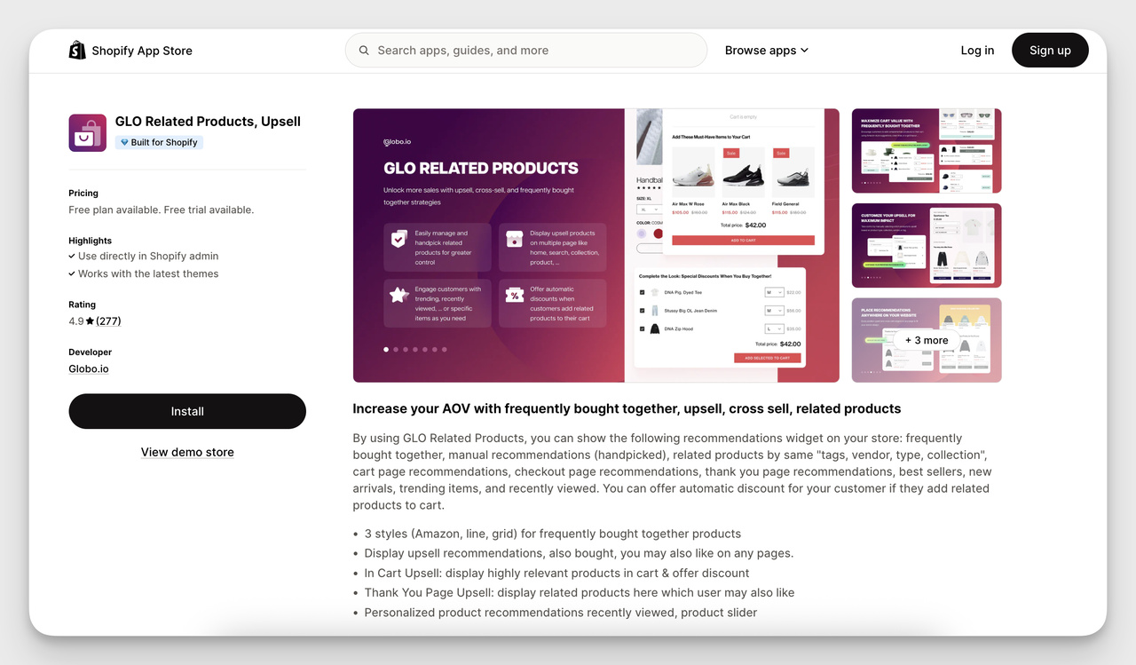 Shopify Product Recommendation App – GLO Related Products widget showing upsell, cross-sell, and frequently bought together suggestions with customizable rules.
